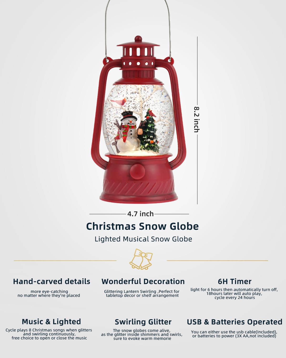 EDDORUNNING Musical Lighted Red Snowman Snow Globe Lantern with Swirling Glitter, USB & Battery Operated, 6H Timer, Classic Resin Christmas Decor & Gifts