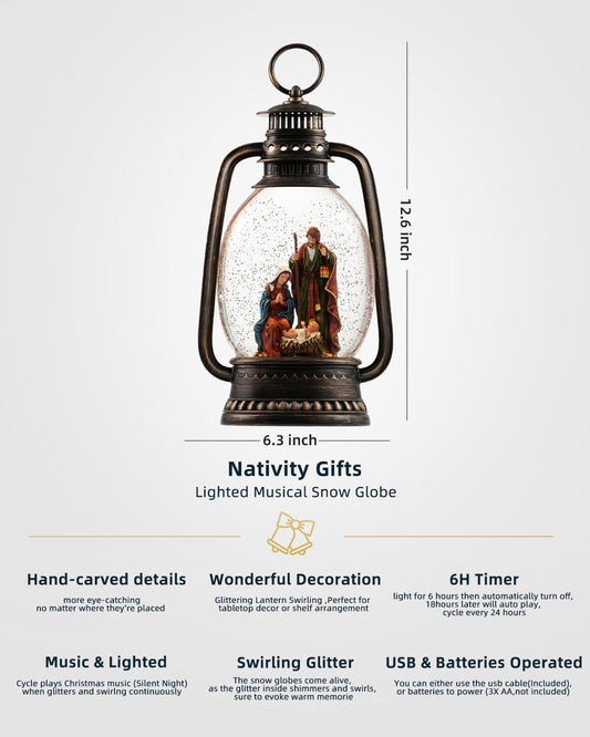 12.6 Inch Large Christmas Snow Globes, Nativity Snow Globe Christmas with Silent Night Music, Glittering Timer Snow Globe Lantern with Jesus for Christmas Decor(Jesus)