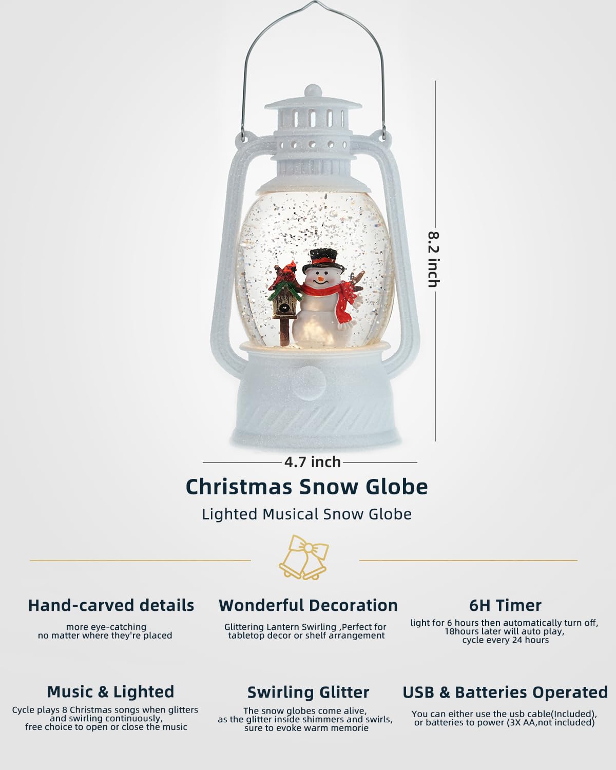 Christmas Snow Globes Snowman Musical Lighted with 6H Timer Winter Scene Cardinal Mailbox,Snowman Snow Globe Glittering for Christmas Decorations