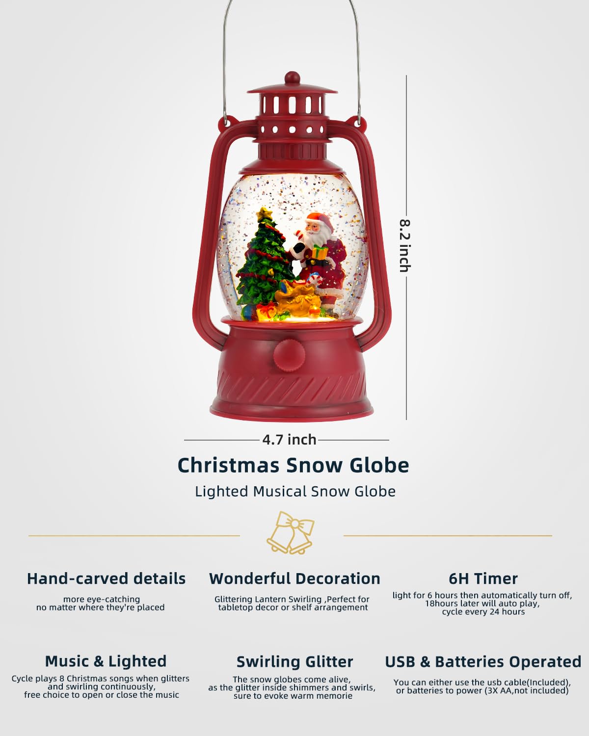 Christmas Decorations Santa Claus Snow Globe, Musical Lighted Christmas Snow Globes with 6H Time Glittering Santa Claus Red Christmas Decorations Indoor