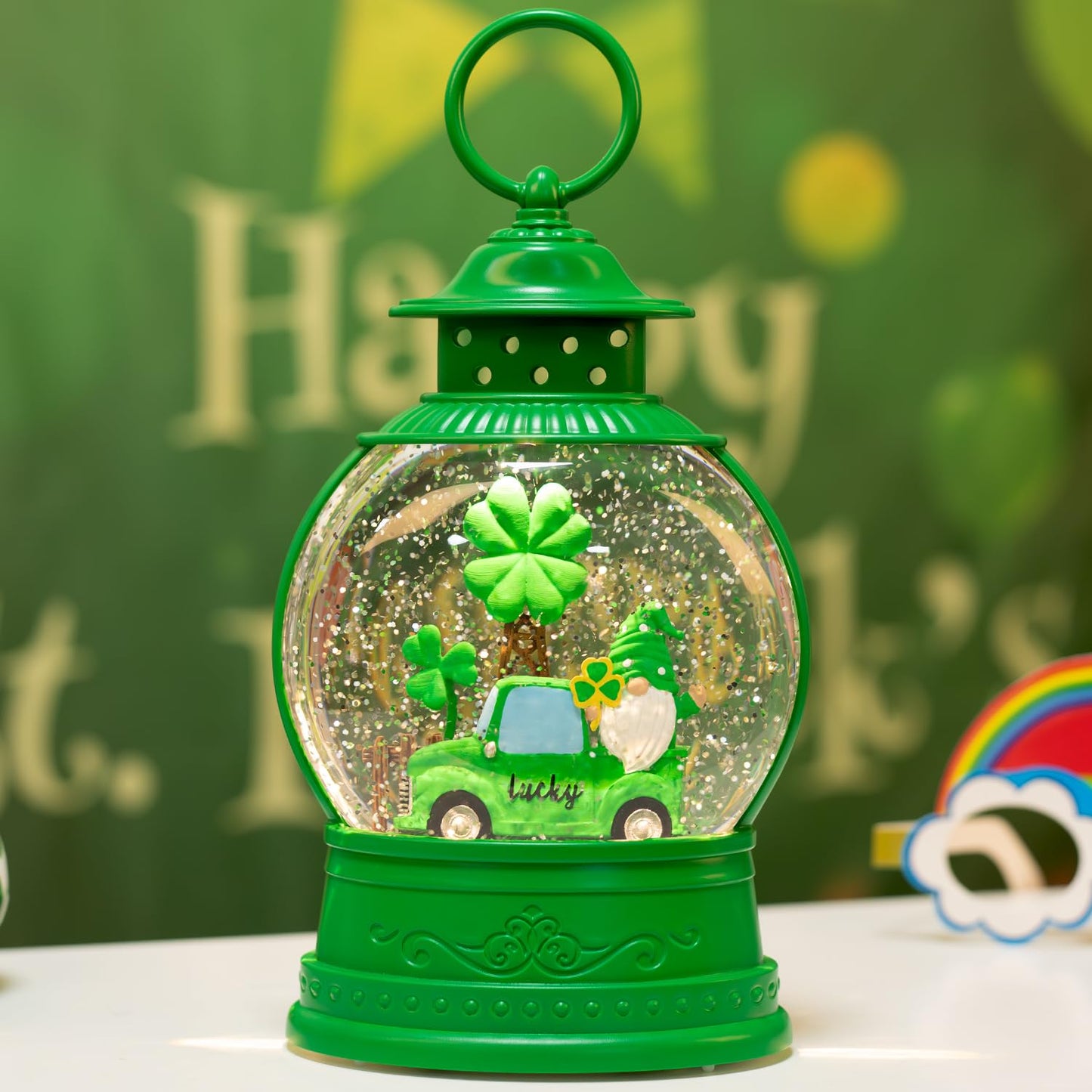 PestiLite St Patricks Day Lucky Shamrock Gnomes Truck Snow Globe for St Patricks Day Decorations,6H Timer, USB/Battery Operated,St Patricks Day Decor for Home Indoor/Outdoor and Home Party Supplies