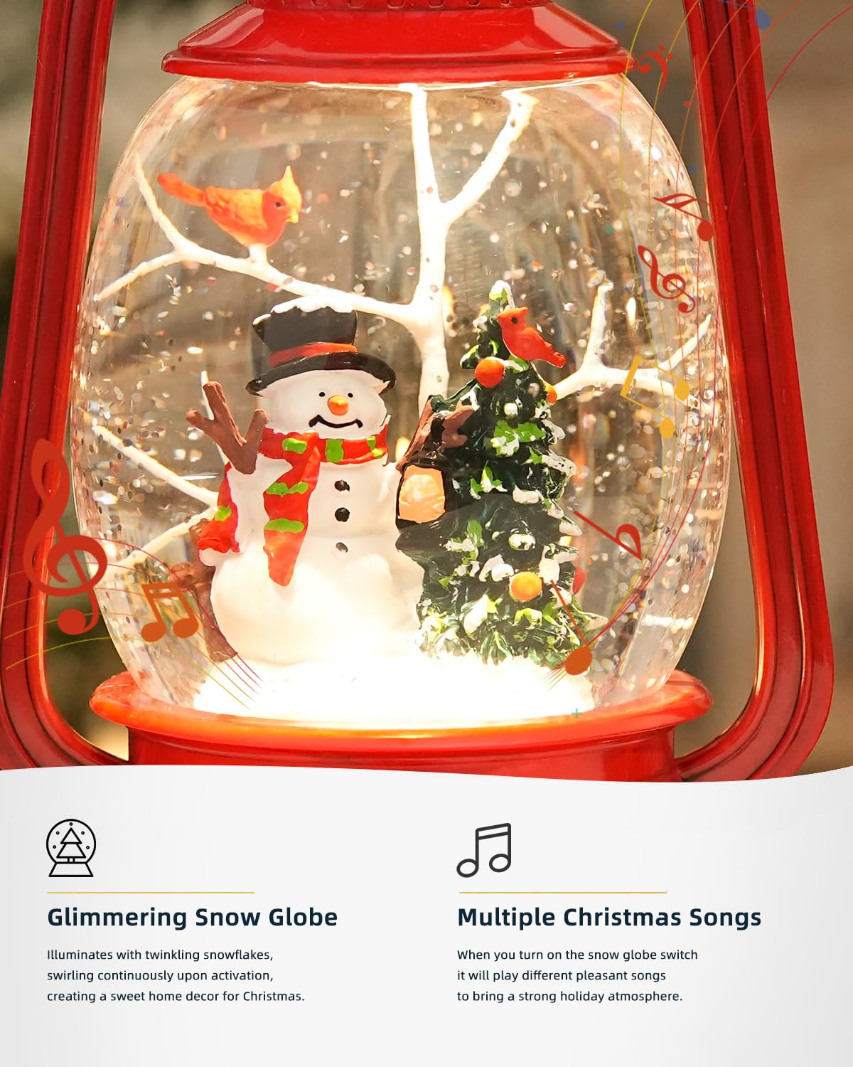 EDDORUNNING Musical Lighted Red Snowman Snow Globe Lantern with Swirling Glitter, USB & Battery Operated, 6H Timer, Classic Resin Christmas Decor & Gifts