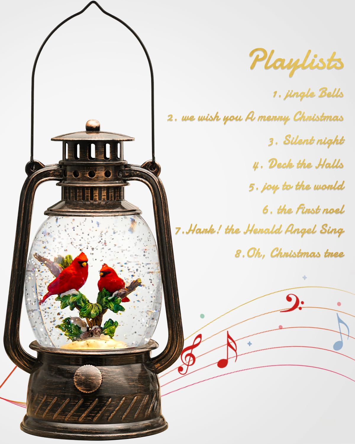 Cardinal Christmas Snow Globes Musical Lighted with 6H Time Red Bird Snow Globe Lantern Glittering,Memory Cardinal Snow Globe Gifts for Christmas Decorations