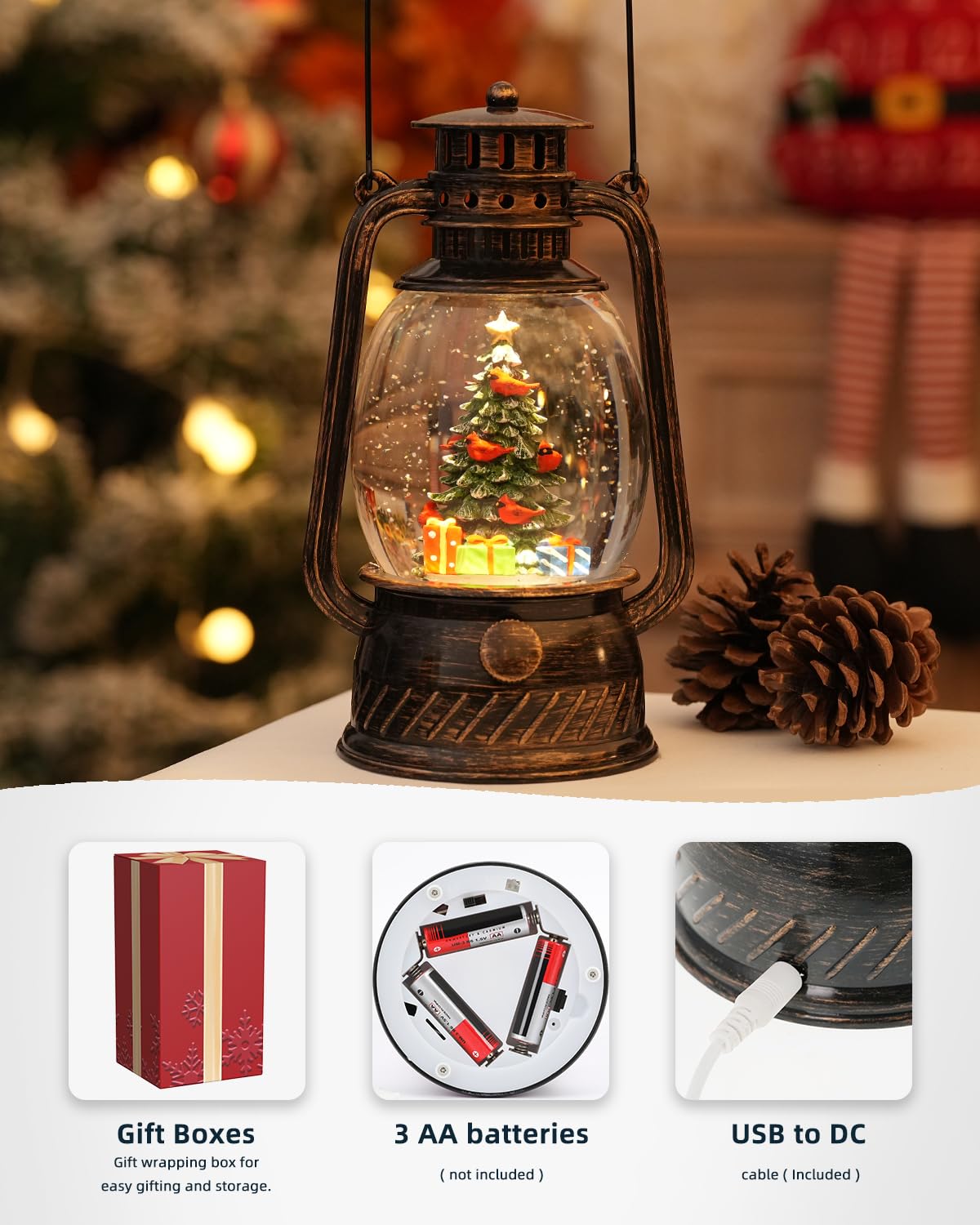 Christmas Decorations Musical Snow Globes Lighted Tree Cardinal Glittering with 6H Time Lantern USB Lined/Battery Operated for Christmas Decorations Indoor Gifts