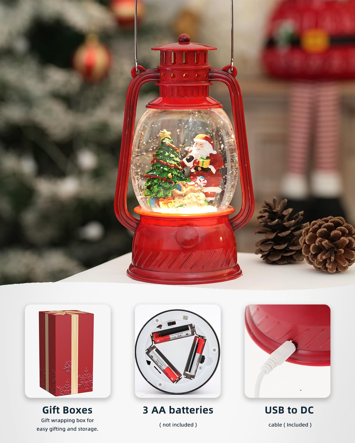 Christmas Decorations Santa Claus Snow Globe, Musical Lighted Christmas Snow Globes with 6H Time Glittering Santa Claus Red Christmas Decorations Indoor