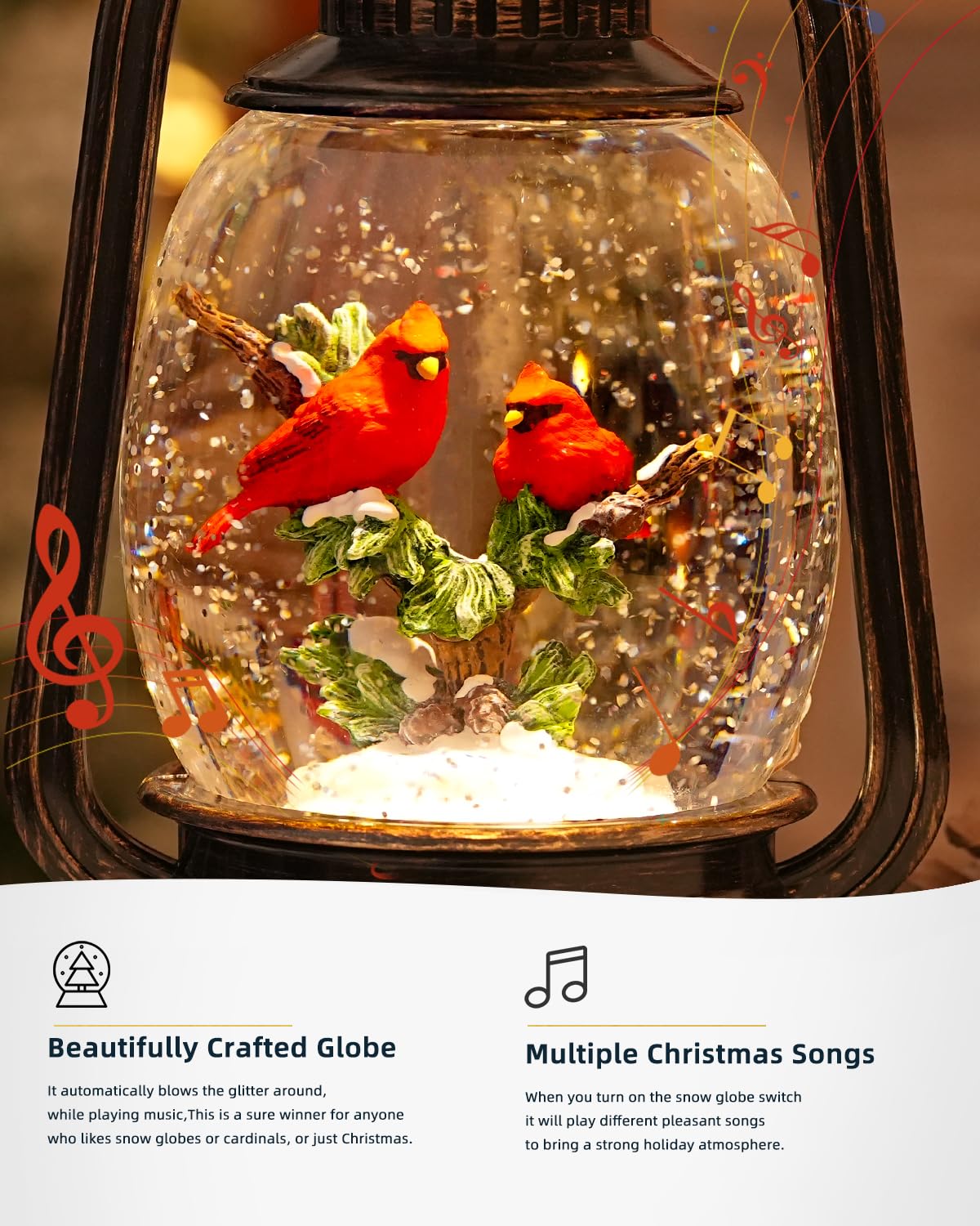 Cardinal Christmas Snow Globes Musical Lighted with 6H Time Red Bird Snow Globe Lantern Glittering,Memory Cardinal Snow Globe Gifts for Christmas Decorations