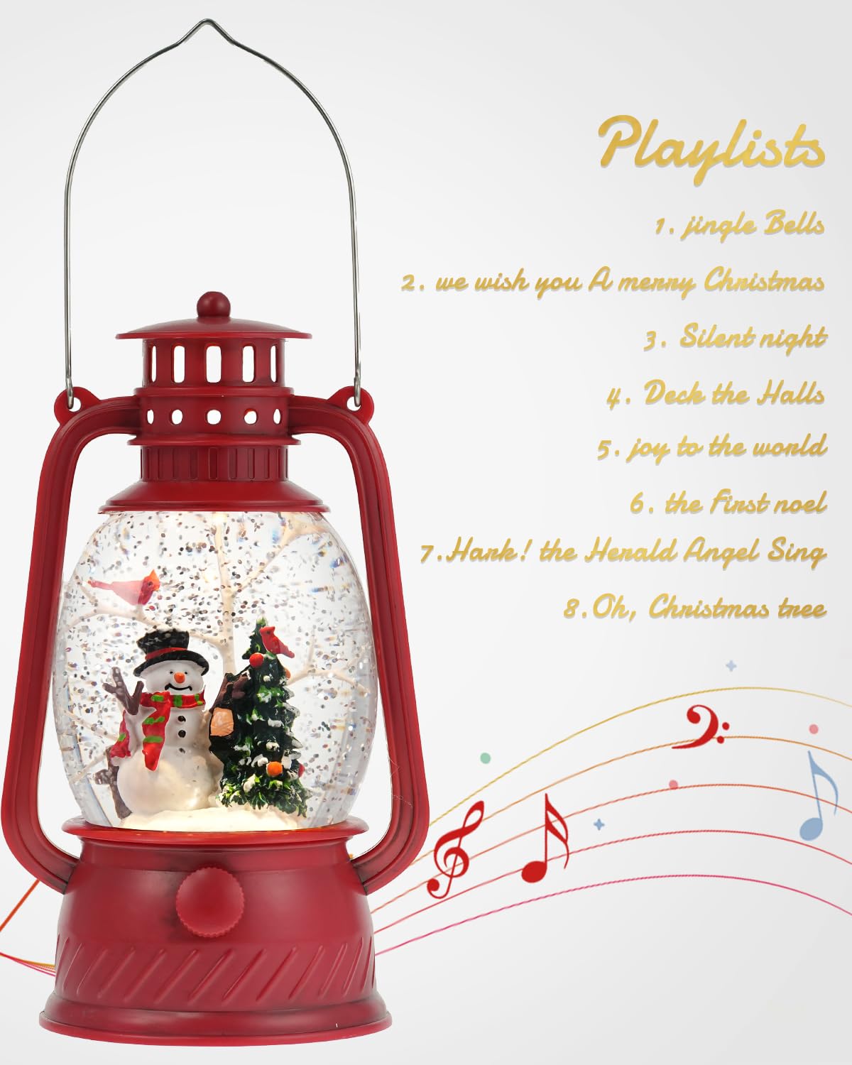 EDDORUNNING Musical Lighted Red Snowman Snow Globe Lantern with Swirling Glitter, USB & Battery Operated, 6H Timer, Classic Resin Christmas Decor & Gifts
