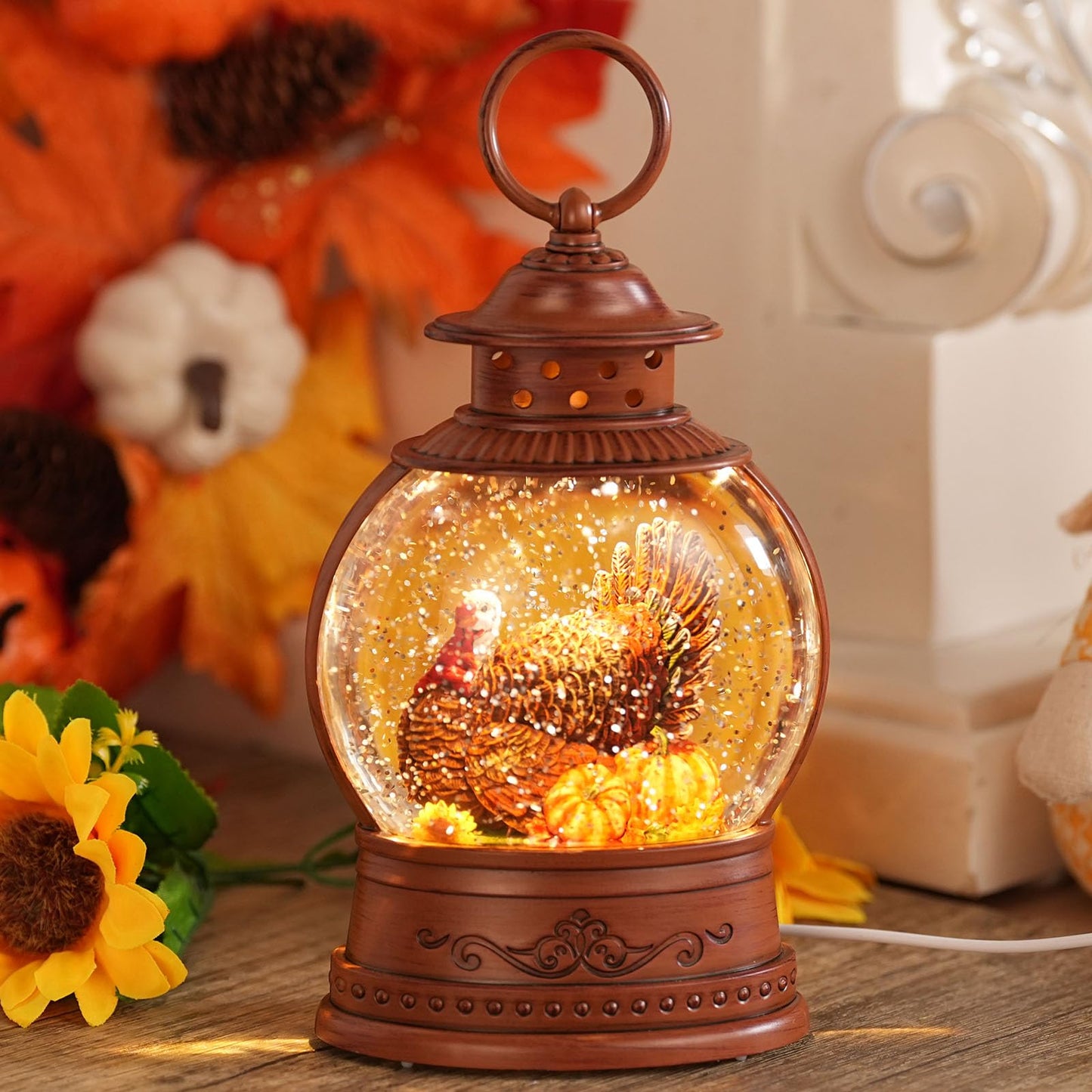 Fall Decorations for Home Fall Snow Globe with Turkey Pumpkin Lighted Lantern with 6h Timer USB/Battery Powered Autumn Thanksgiving Decor