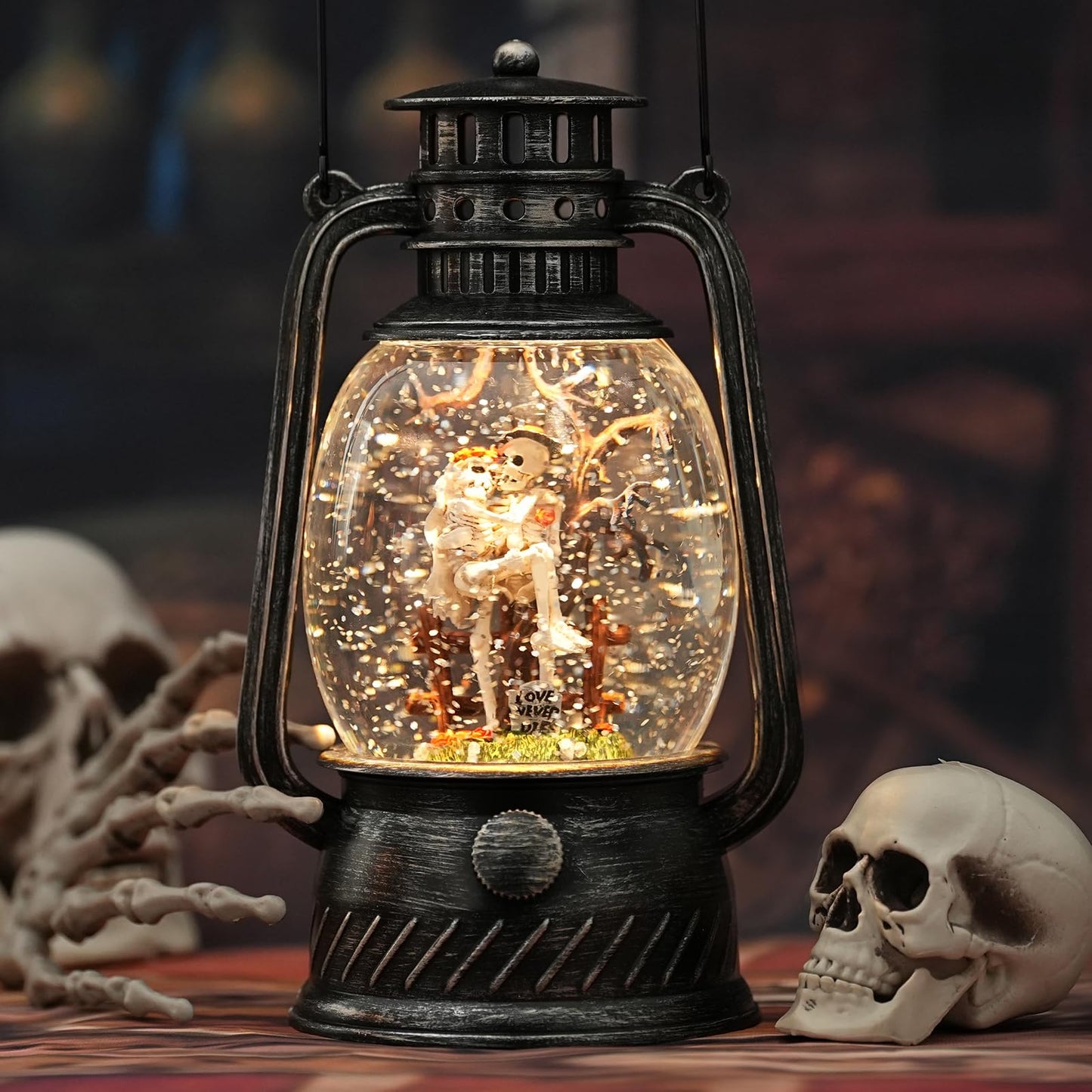 Halloween Snow Globe, Halloween Decorations Indoor Light Up Snow Globe Lantern with Music, 6H Timer, Love Never Dies Swirling Glitter Halloween Lantern for Halloween Home Decorations