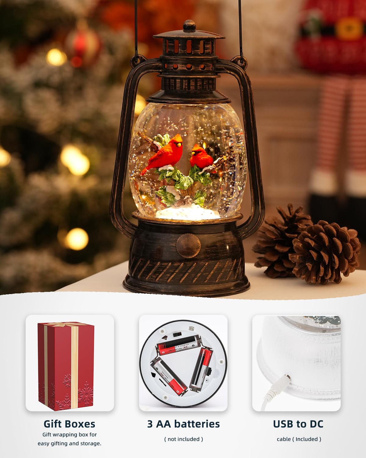 Cardinal Christmas Snow Globes Musical Lighted with 6H Time Red Bird Snow Globe Lantern Glittering,Memory Cardinal Snow Globe Gifts for Christmas Decorations