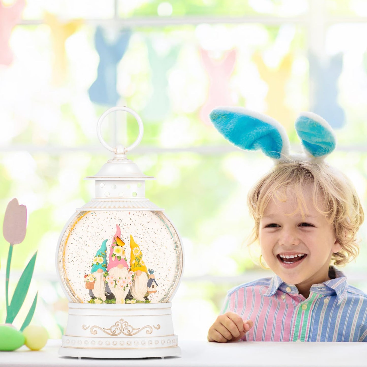 Spring Home Decor Spring Snow Globe 6H Timer with Swirling Glitter,Spring Gnomes Decorations Spring Holiday Easter Decorations for Home Shelf Decor and Gifts,Battery Operated & USB Operated