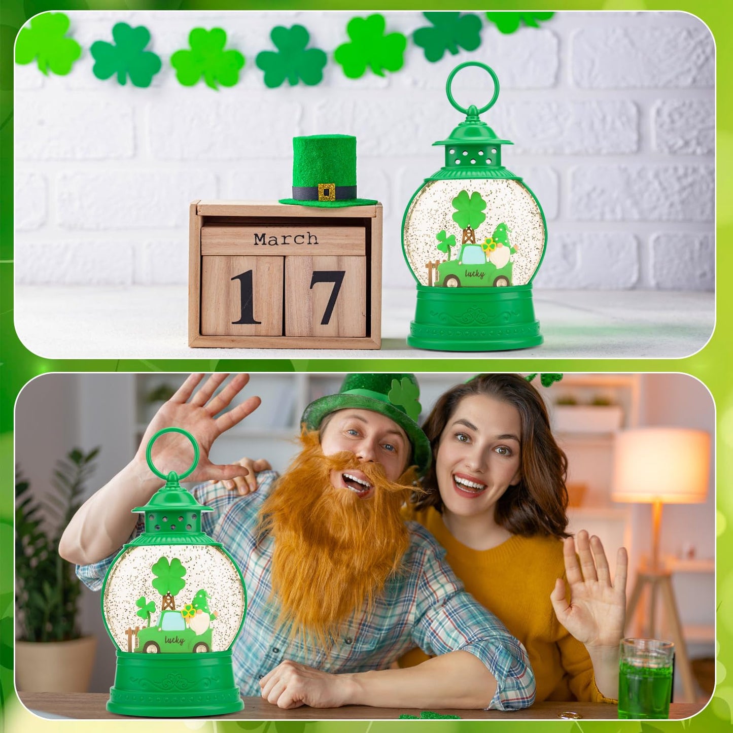 PestiLite St Patricks Day Lucky Shamrock Gnomes Truck Snow Globe for St Patricks Day Decorations,6H Timer, USB/Battery Operated,St Patricks Day Decor for Home Indoor/Outdoor and Home Party Supplies