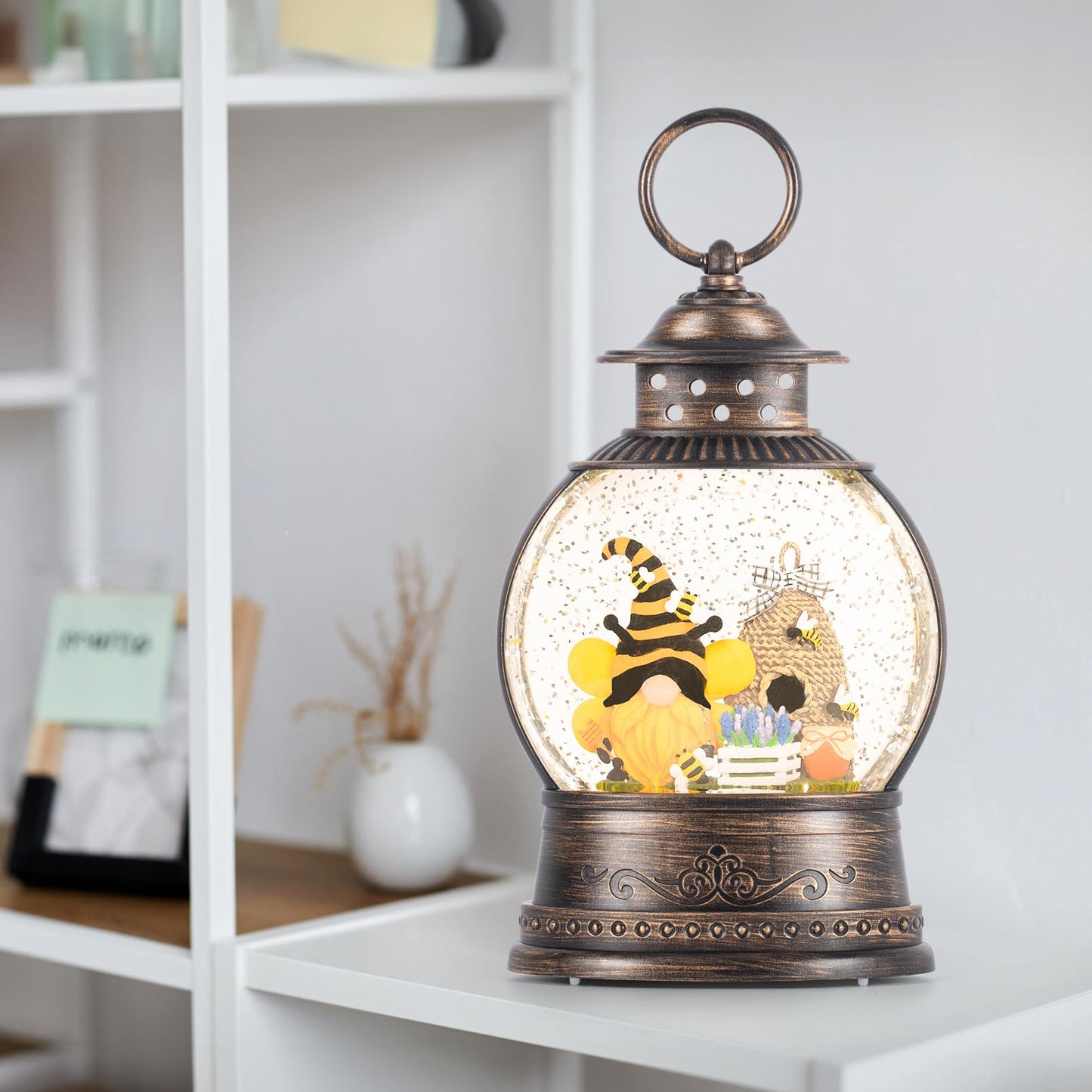 Bee Hive Decor Spring Bee Gnome Light Up Snow Globe 6H Timer Honey Bee Decorations for Spring Decor,Home Shelf Decor,Battery Operated & USB Operated