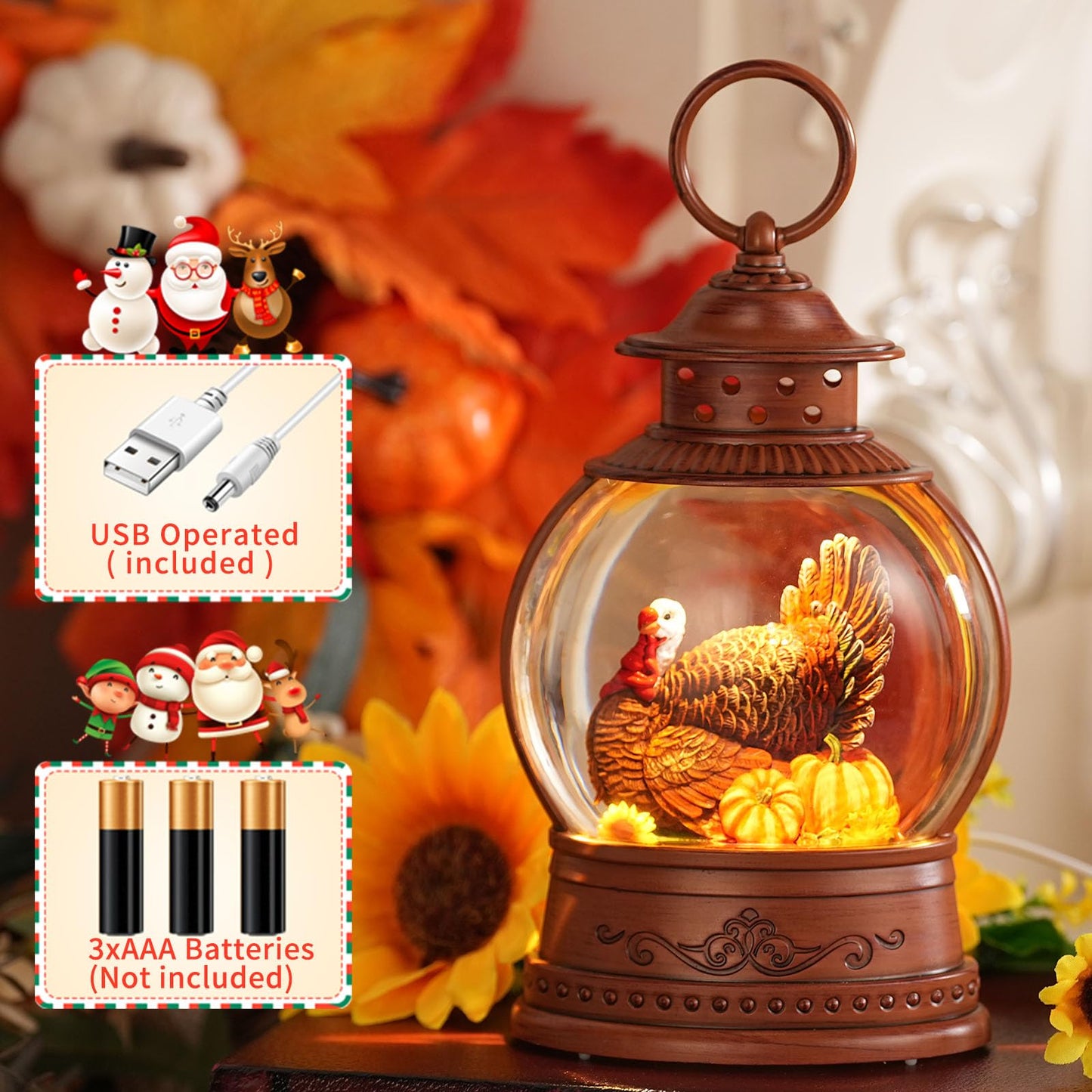 Fall Decorations for Home Fall Snow Globe with Turkey Pumpkin Lighted Lantern with 6h Timer USB/Battery Powered Autumn Thanksgiving Decor