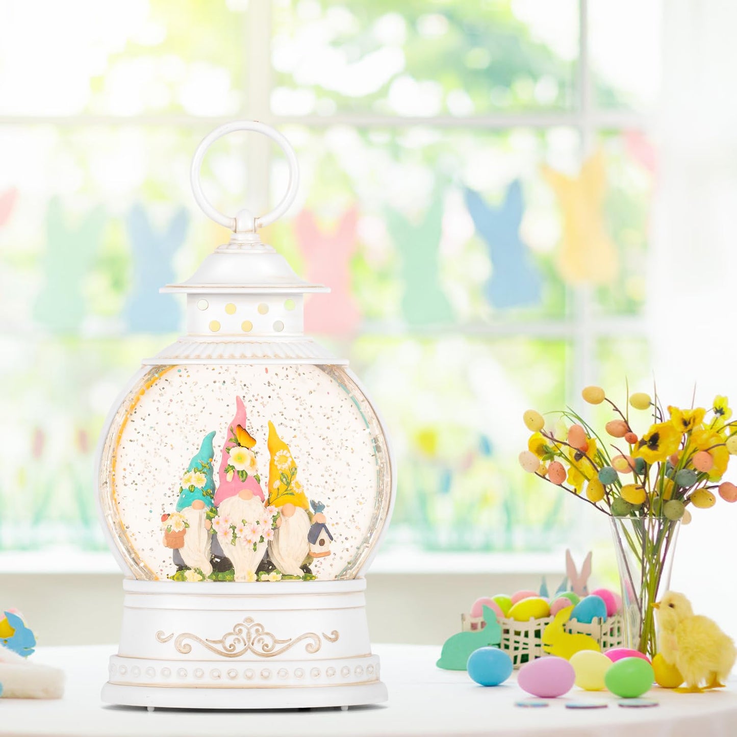 Spring Home Decor Spring Snow Globe 6H Timer with Swirling Glitter,Spring Gnomes Decorations Spring Holiday Easter Decorations for Home Shelf Decor and Gifts,Battery Operated & USB Operated