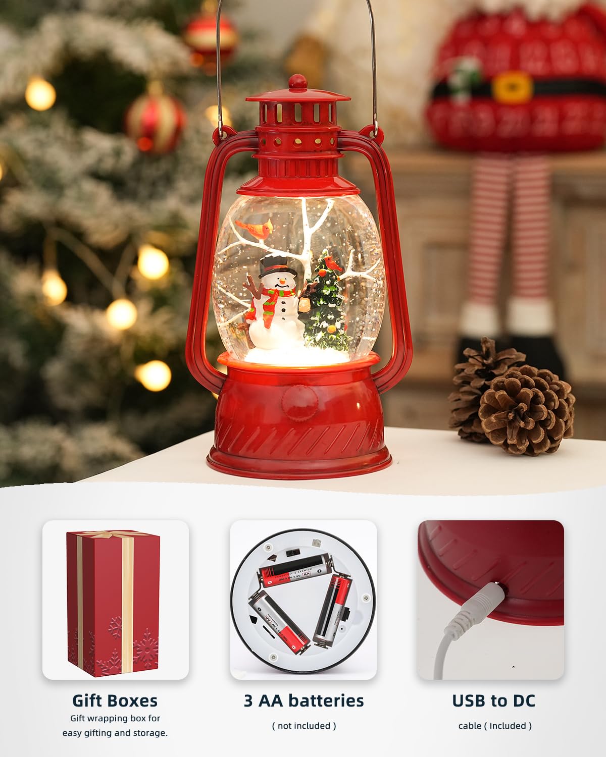 EDDORUNNING Musical Lighted Red Snowman Snow Globe Lantern with Swirling Glitter, USB & Battery Operated, 6H Timer, Classic Resin Christmas Decor & Gifts