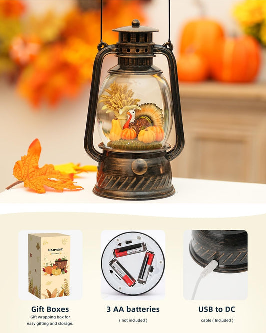 Fall Snow Globe Lantern Turkey Thanksgiving Decorations,Light Up Fall Lantern with 6H Timer Glitter Thanksgiving Snow Globe, Pumpkin Autumn Scene Fall Decorations for Home