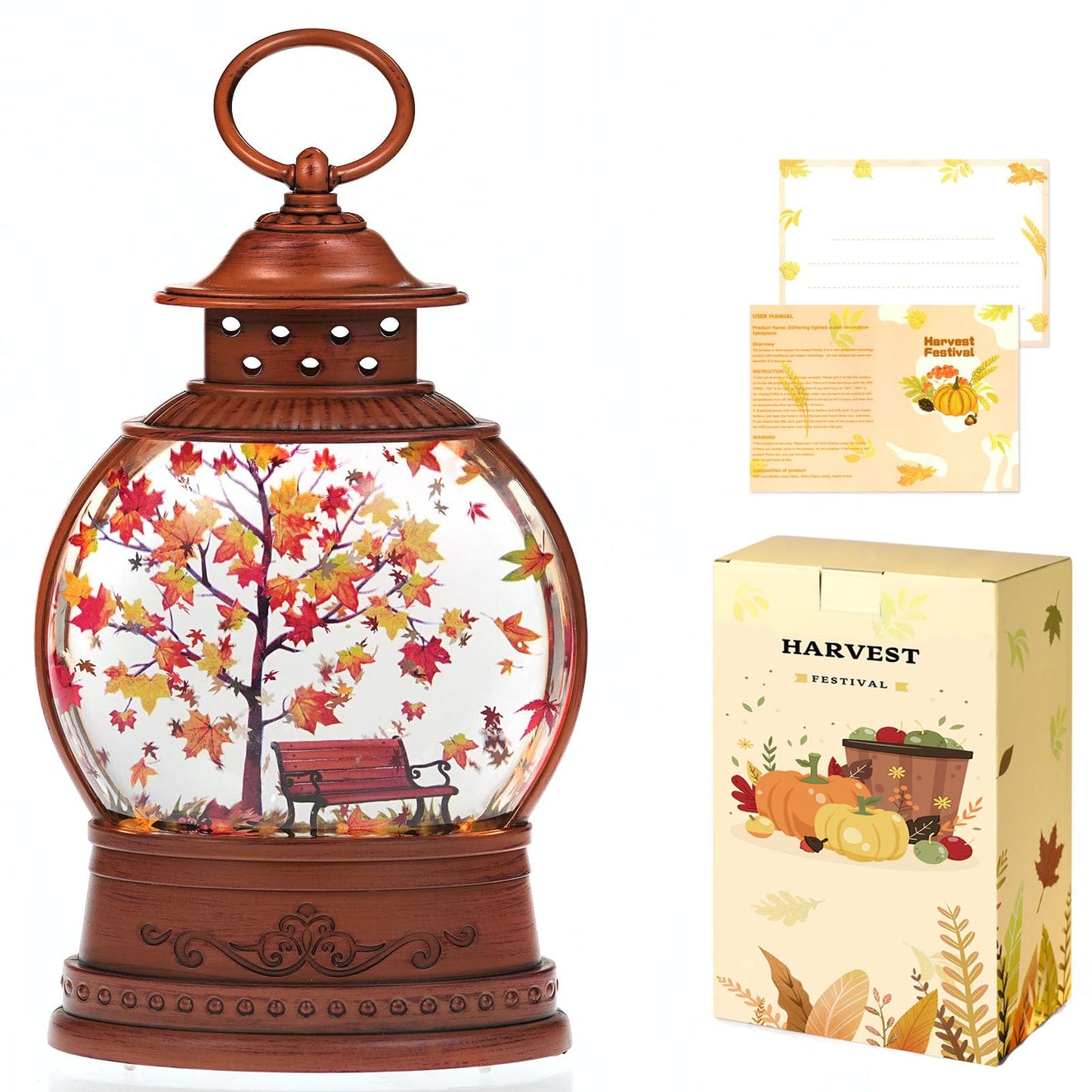 Fall Snow Globe Lantern Fall Decorations for Home Maple Leaf Scene Swirling Glitter/6H Timer Lighted Thanksgiving Autumn Decor