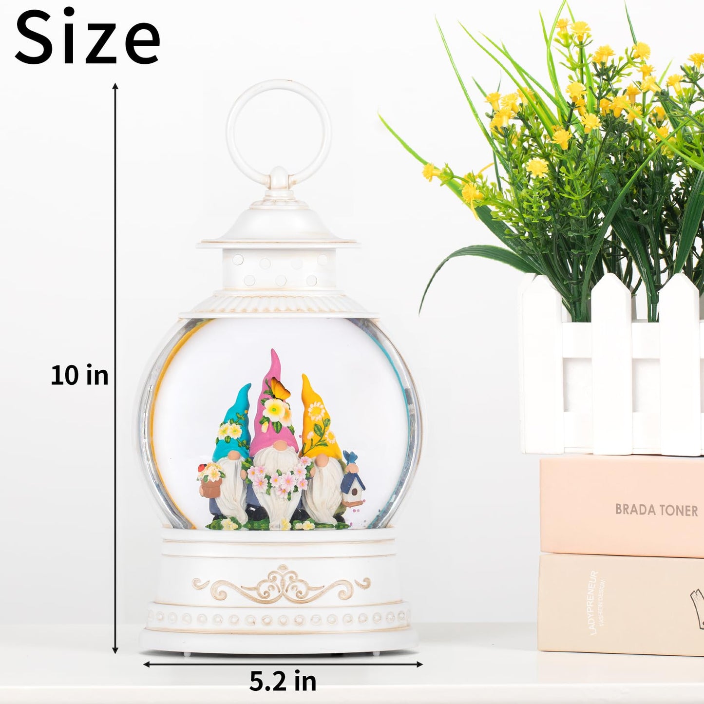 Spring Home Decor Spring Snow Globe 6H Timer with Swirling Glitter,Spring Gnomes Decorations Spring Holiday Easter Decorations for Home Shelf Decor and Gifts,Battery Operated & USB Operated