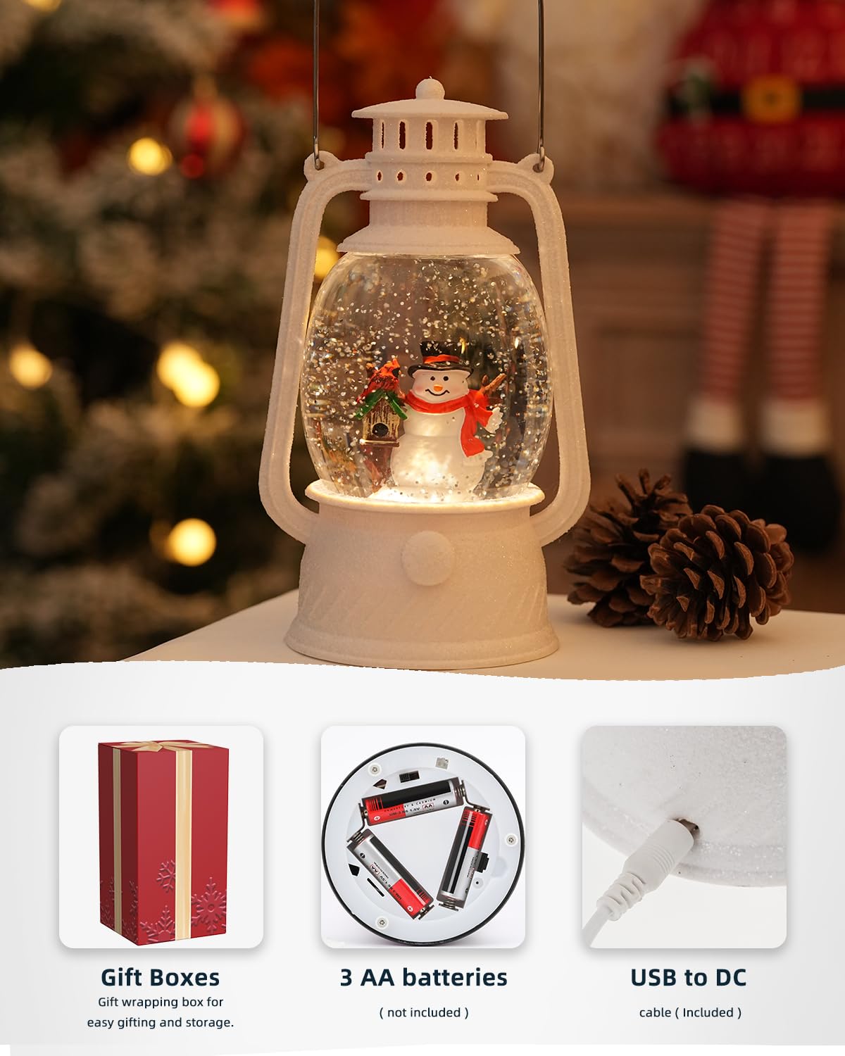 Christmas Snow Globes Snowman Musical Lighted with 6H Timer Winter Scene Cardinal Mailbox,Snowman Snow Globe Glittering for Christmas Decorations