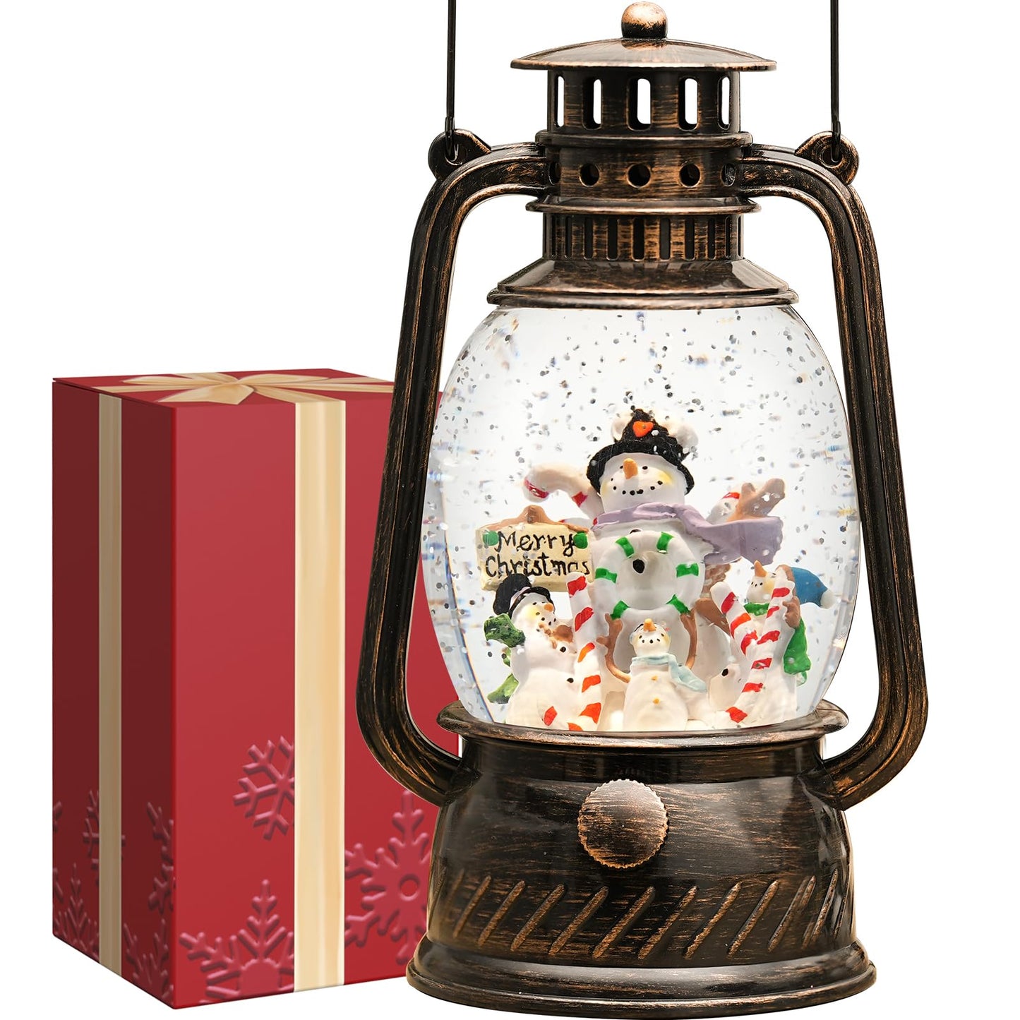 Snowman Snow Globe Christmas Decorations, Light Up Musical Christmas Snow Globes Lantern with Glitter & 6H Timer, Joy Snowman Christmas Decorations Gift for Home