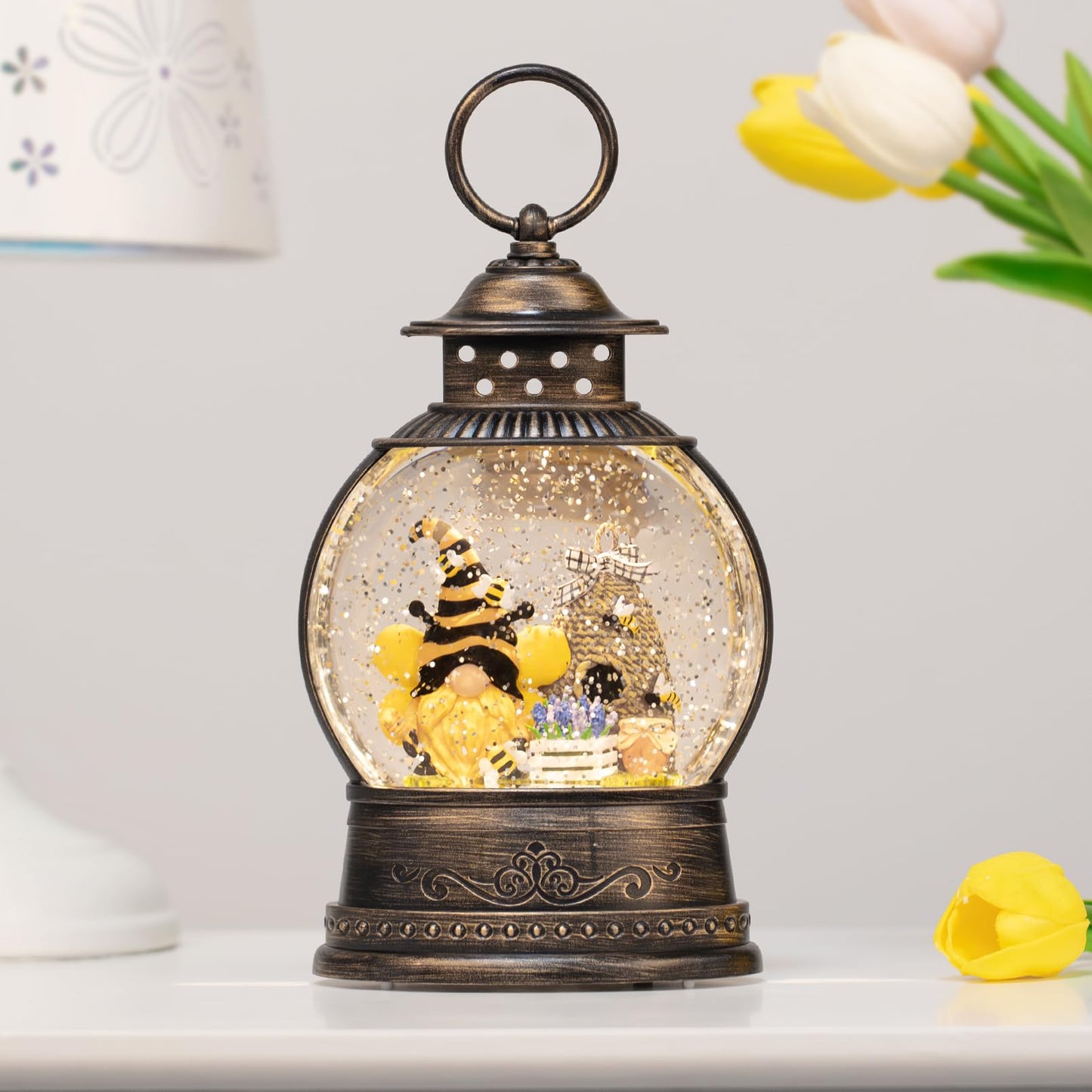 Bee Hive Decor Spring Bee Gnome Light Up Snow Globe 6H Timer Honey Bee Decorations for Spring Decor,Home Shelf Decor,Battery Operated & USB Operated