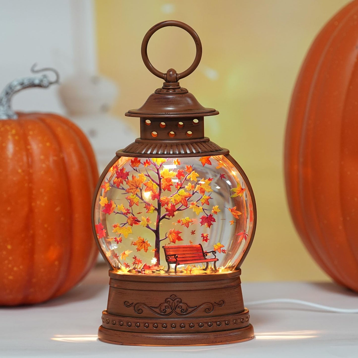 Fall Snow Globe Lantern Fall Decorations for Home Maple Leaf Scene Swirling Glitter/6H Timer Lighted Thanksgiving Autumn Decor