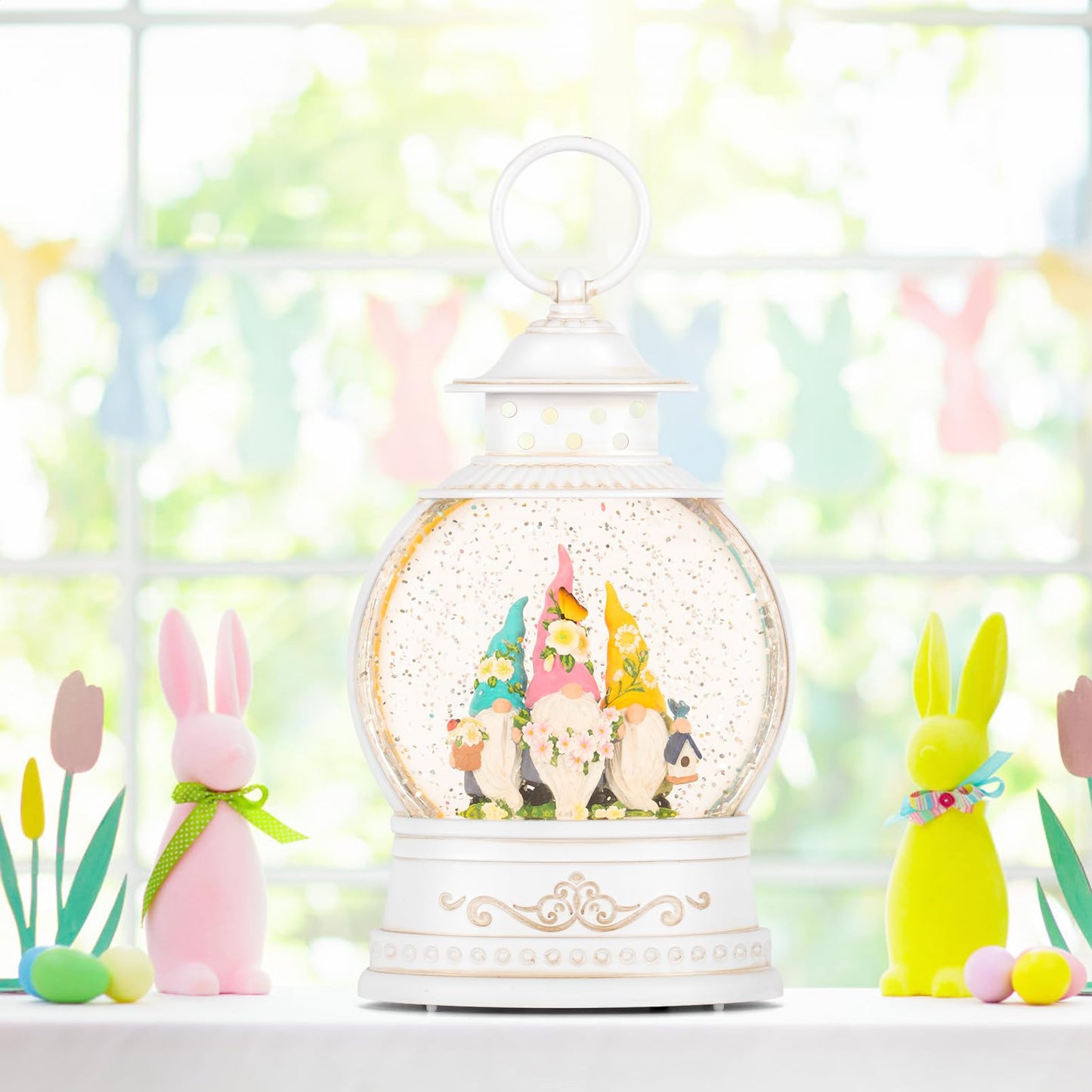 Spring Home Decor Spring Snow Globe 6H Timer with Swirling Glitter,Spring Gnomes Decorations Spring Holiday Easter Decorations for Home Shelf Decor and Gifts,Battery Operated & USB Operated