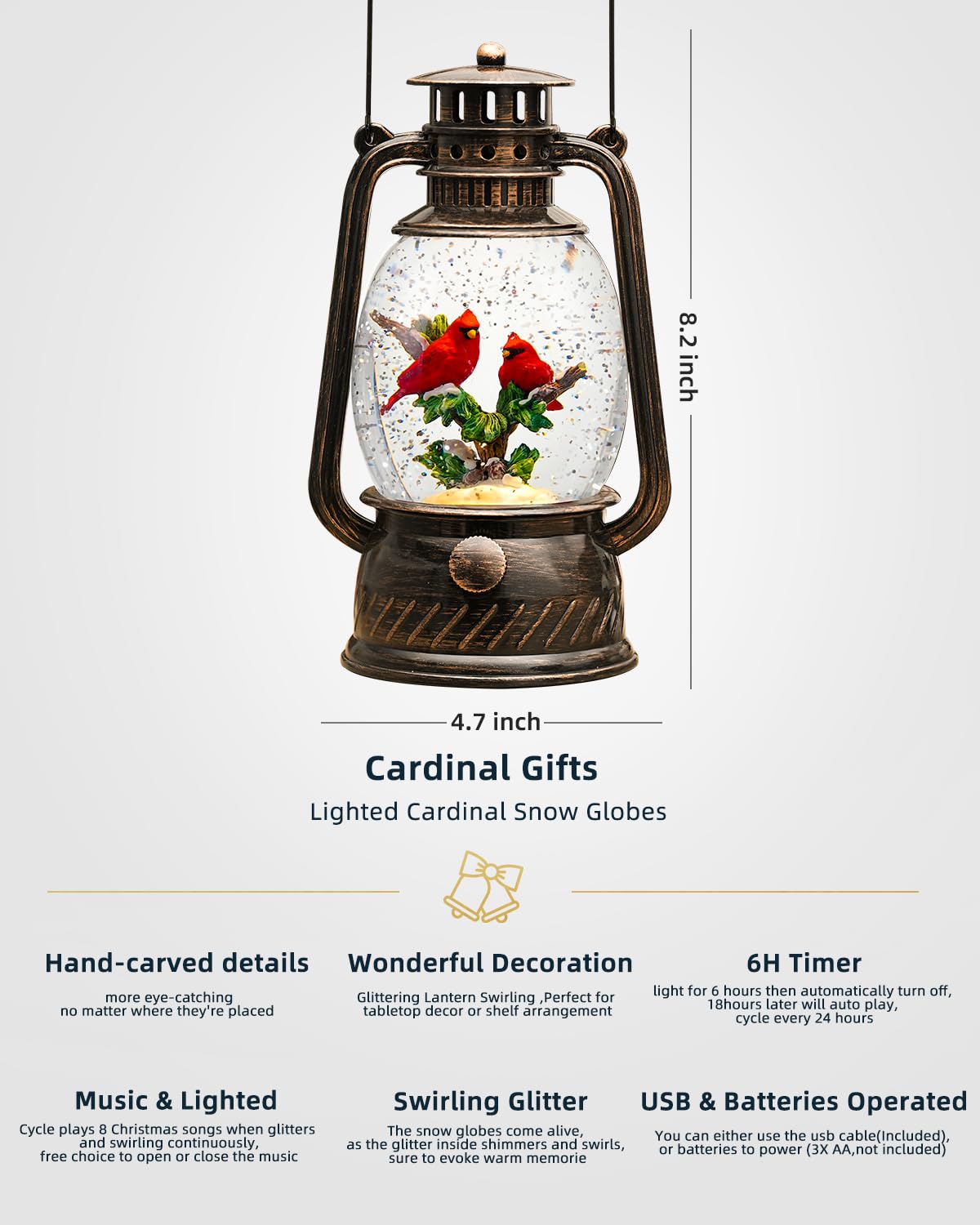 Cardinal Christmas Snow Globes Musical Lighted with 6H Time Red Bird Snow Globe Lantern Glittering,Memory Cardinal Snow Globe Gifts for Christmas Decorations