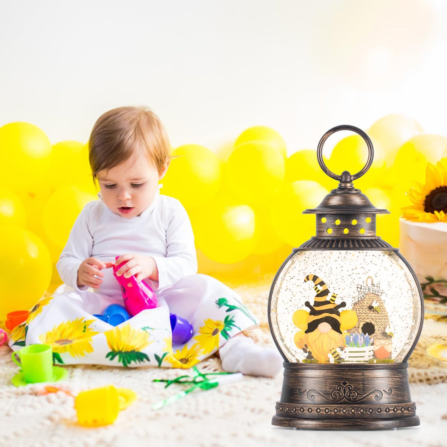 Bee Hive Decor Spring Bee Gnome Light Up Snow Globe 6H Timer Honey Bee Decorations for Spring Decor,Home Shelf Decor,Battery Operated & USB Operated
