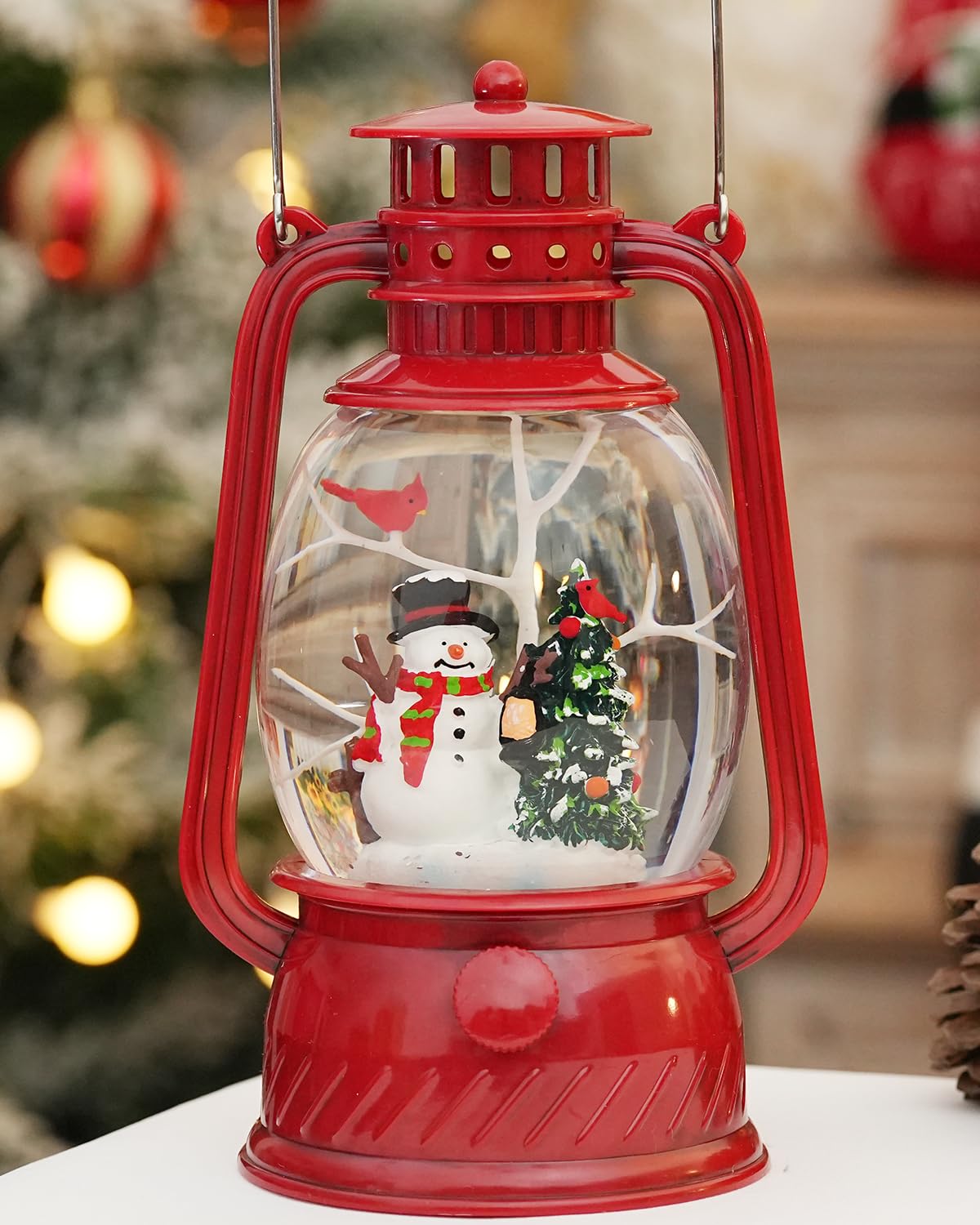 EDDORUNNING Musical Lighted Red Snowman Snow Globe Lantern with Swirling Glitter, USB & Battery Operated, 6H Timer, Classic Resin Christmas Decor & Gifts