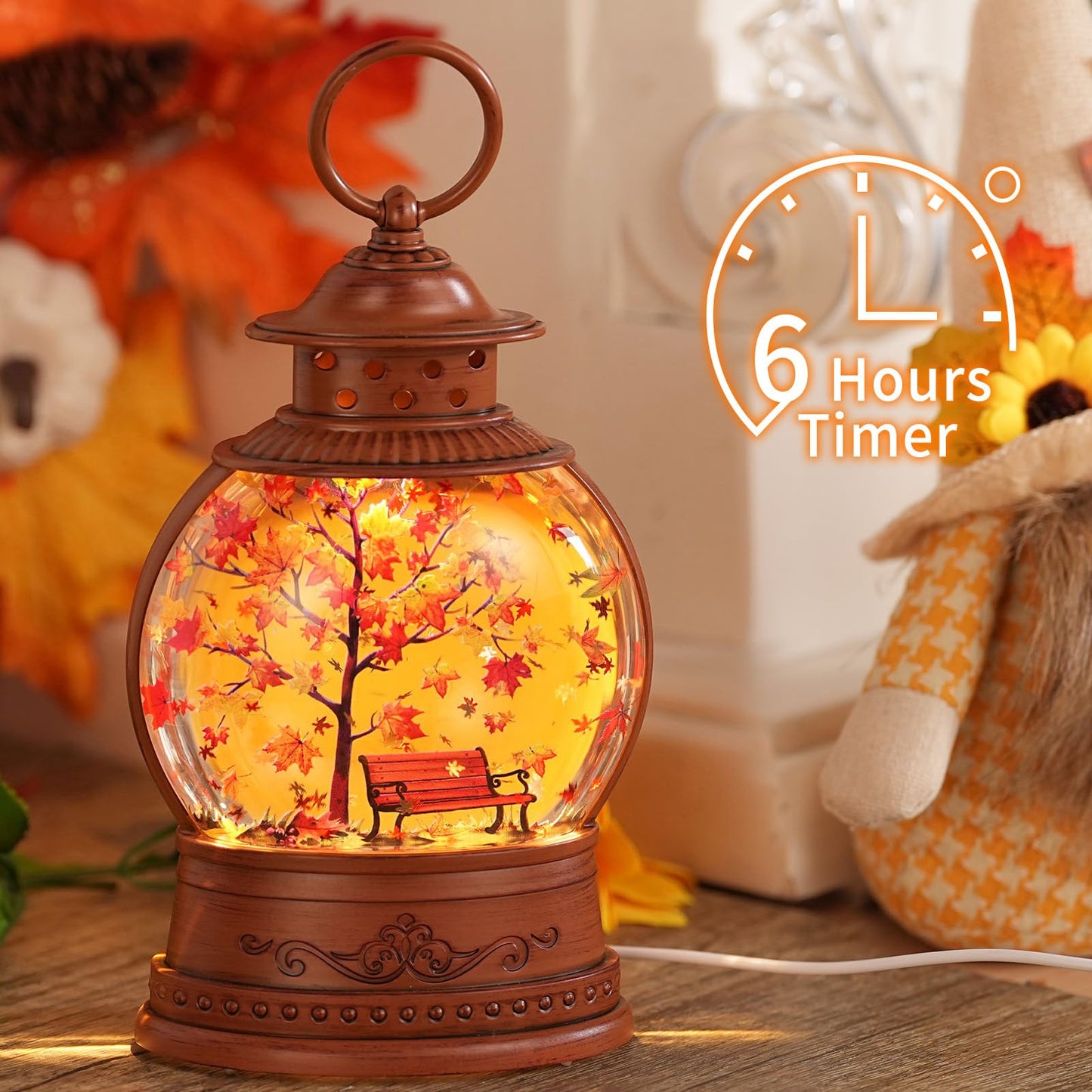 Fall Snow Globe Lantern Fall Decorations for Home Maple Leaf Scene Swirling Glitter/6H Timer Lighted Thanksgiving Autumn Decor