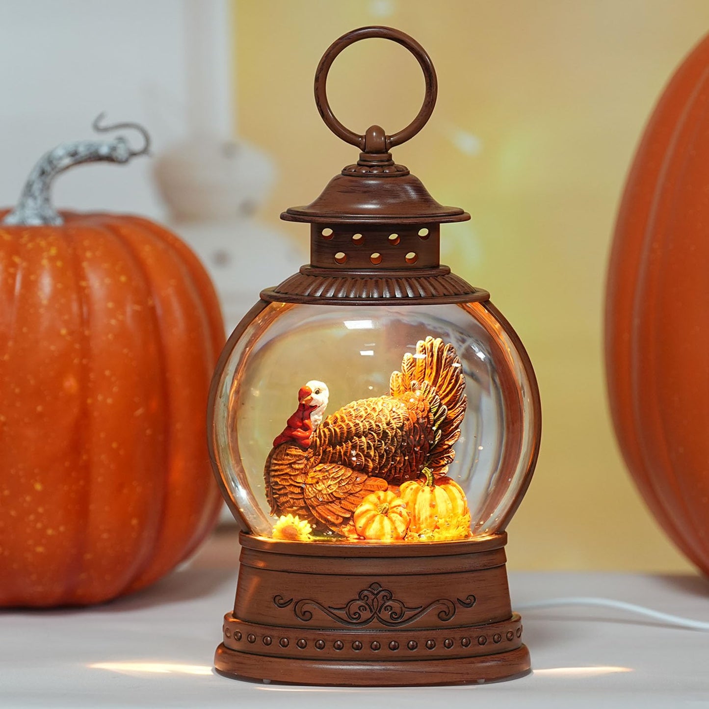 Fall Decorations for Home Fall Snow Globe with Turkey Pumpkin Lighted Lantern with 6h Timer USB/Battery Powered Autumn Thanksgiving Decor