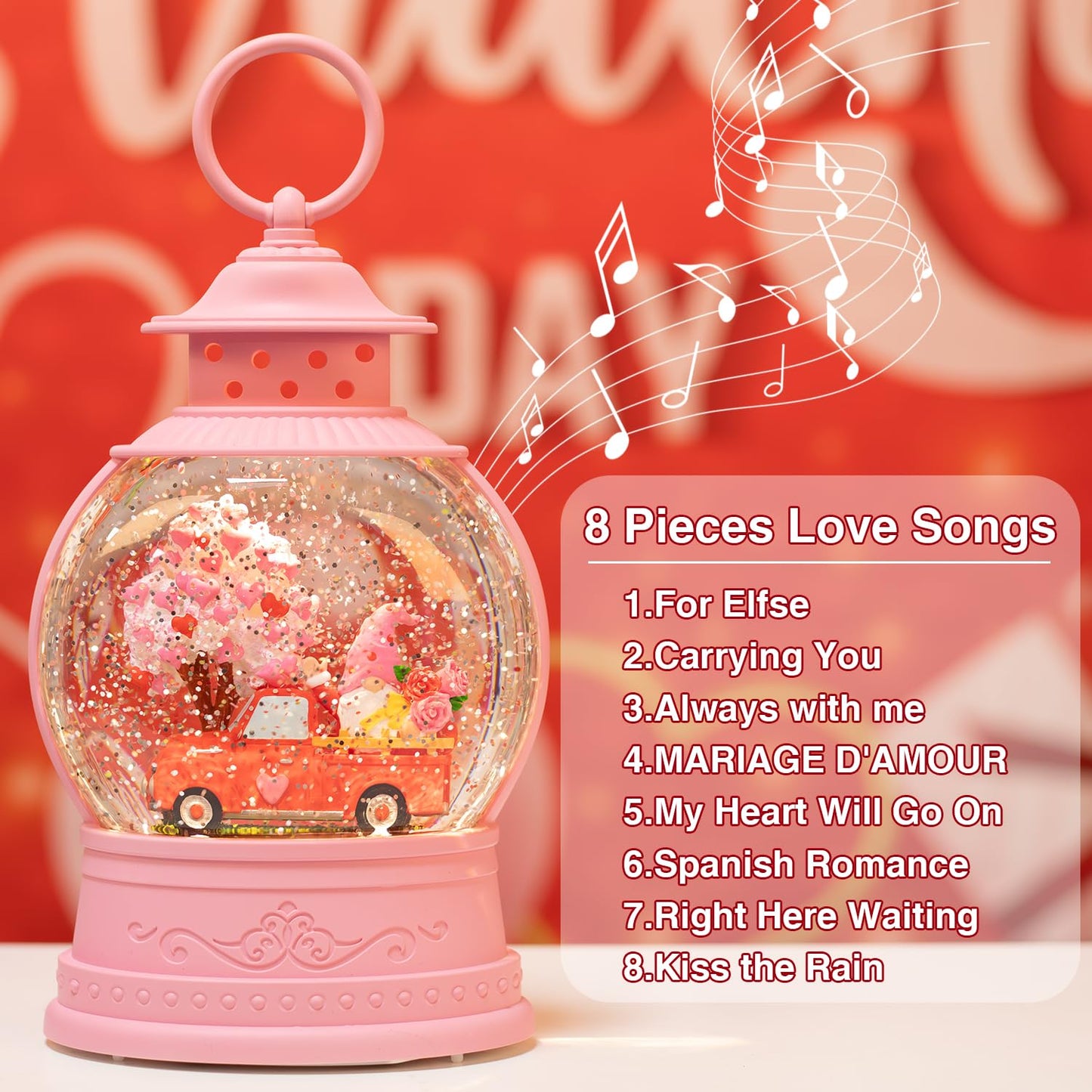 Mothers Day Decorations Musical Gnomes Snow Globe,Red Truck Gnomes Light Up Snow Globe 6H Timer, USB/Battery Operated, for Mom,Wedding Party