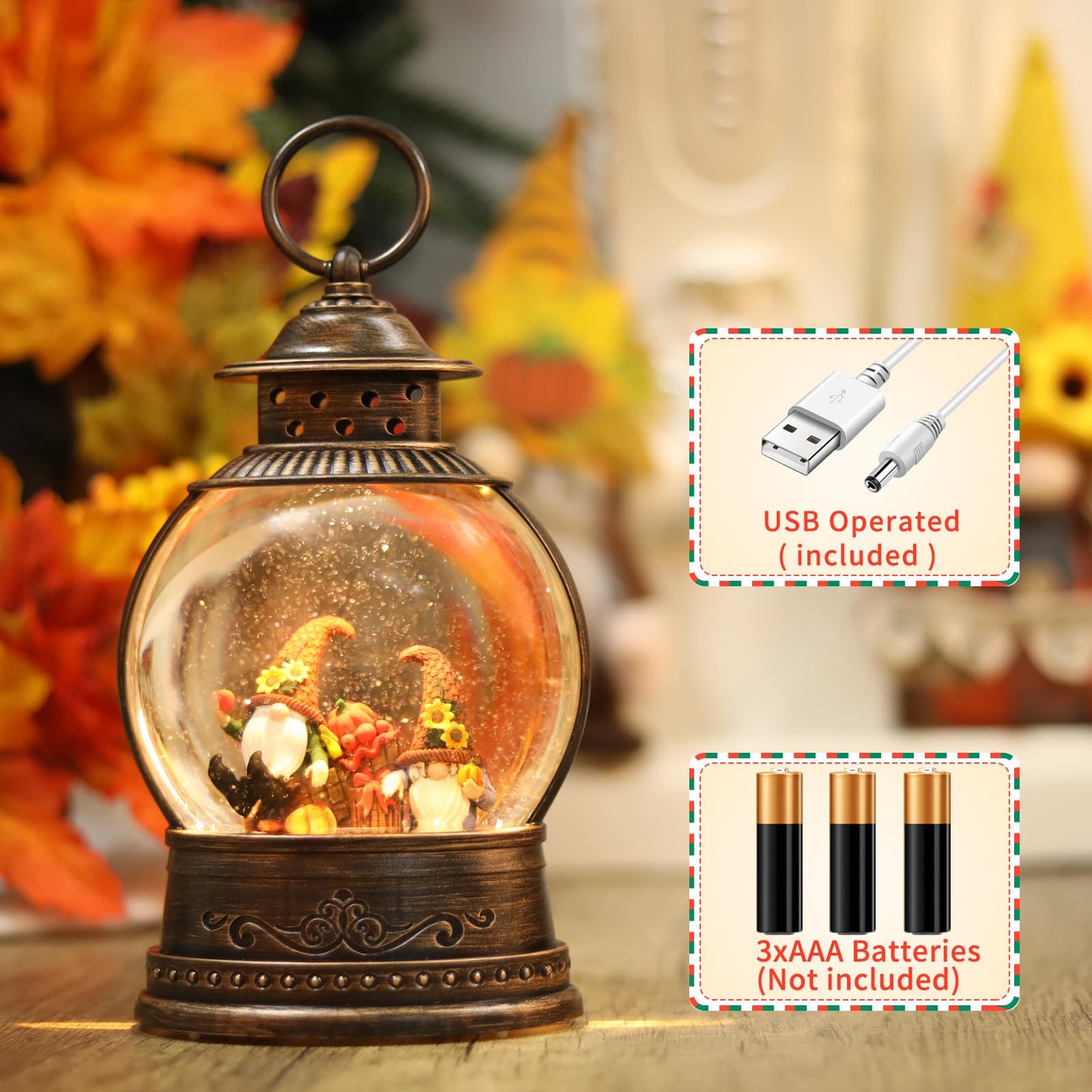 Fall Decorations Snow Globe, Gnomes Light Up Snow Globe Fall Decorations, 6H Timer, USB/Battery Operated, Harvest Thanksgiving Fall Decorations for Home