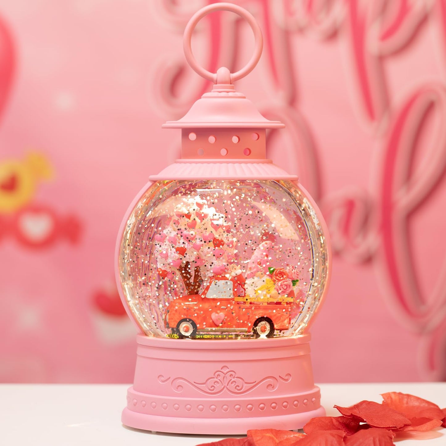 Mothers Day Decorations Musical Gnomes Snow Globe,Red Truck Gnomes Light Up Snow Globe 6H Timer, USB/Battery Operated, for Mom,Wedding Party