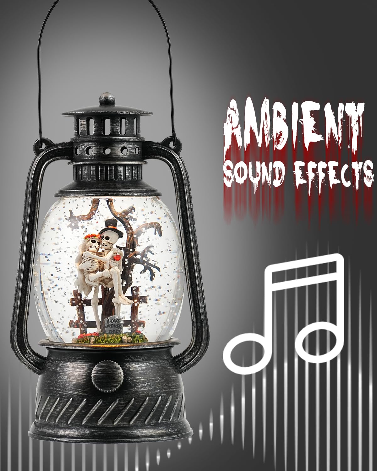Halloween Snow Globe, Halloween Decorations Indoor Light Up Snow Globe Lantern with Music, 6H Timer, Love Never Dies Swirling Glitter Halloween Lantern for Halloween Home Decorations