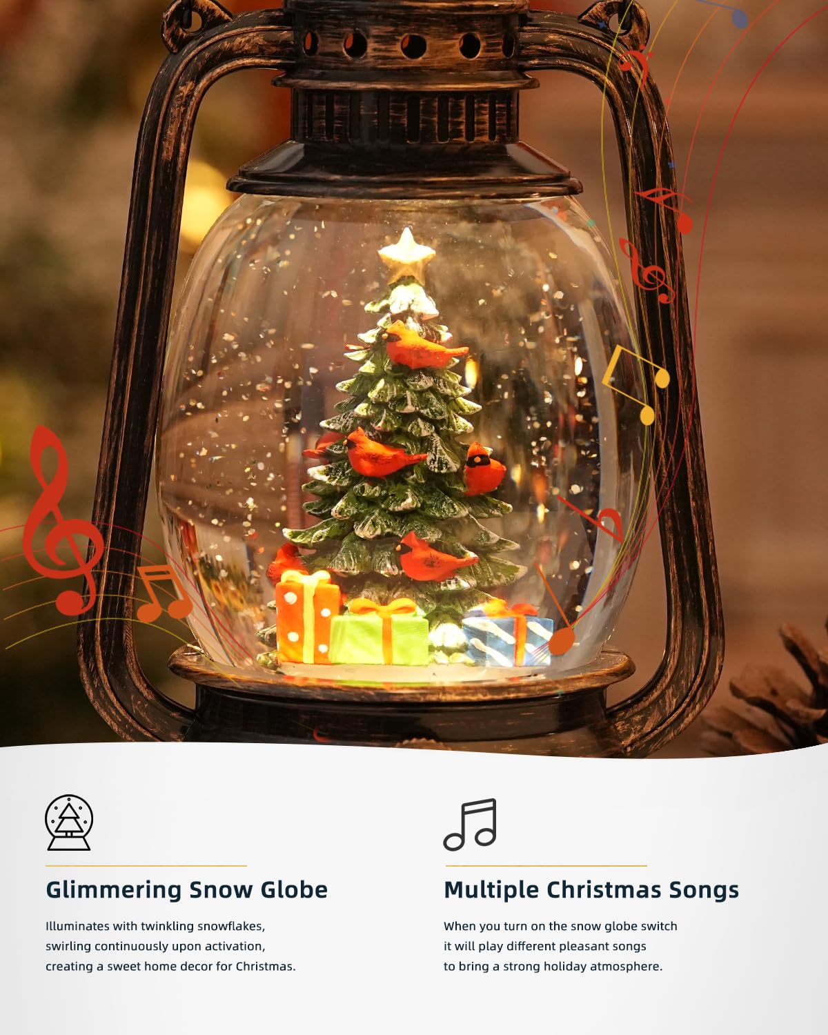 Christmas Decorations Musical Snow Globes Lighted Tree Cardinal Glittering with 6H Time Lantern USB Lined/Battery Operated for Christmas Decorations Indoor Gifts