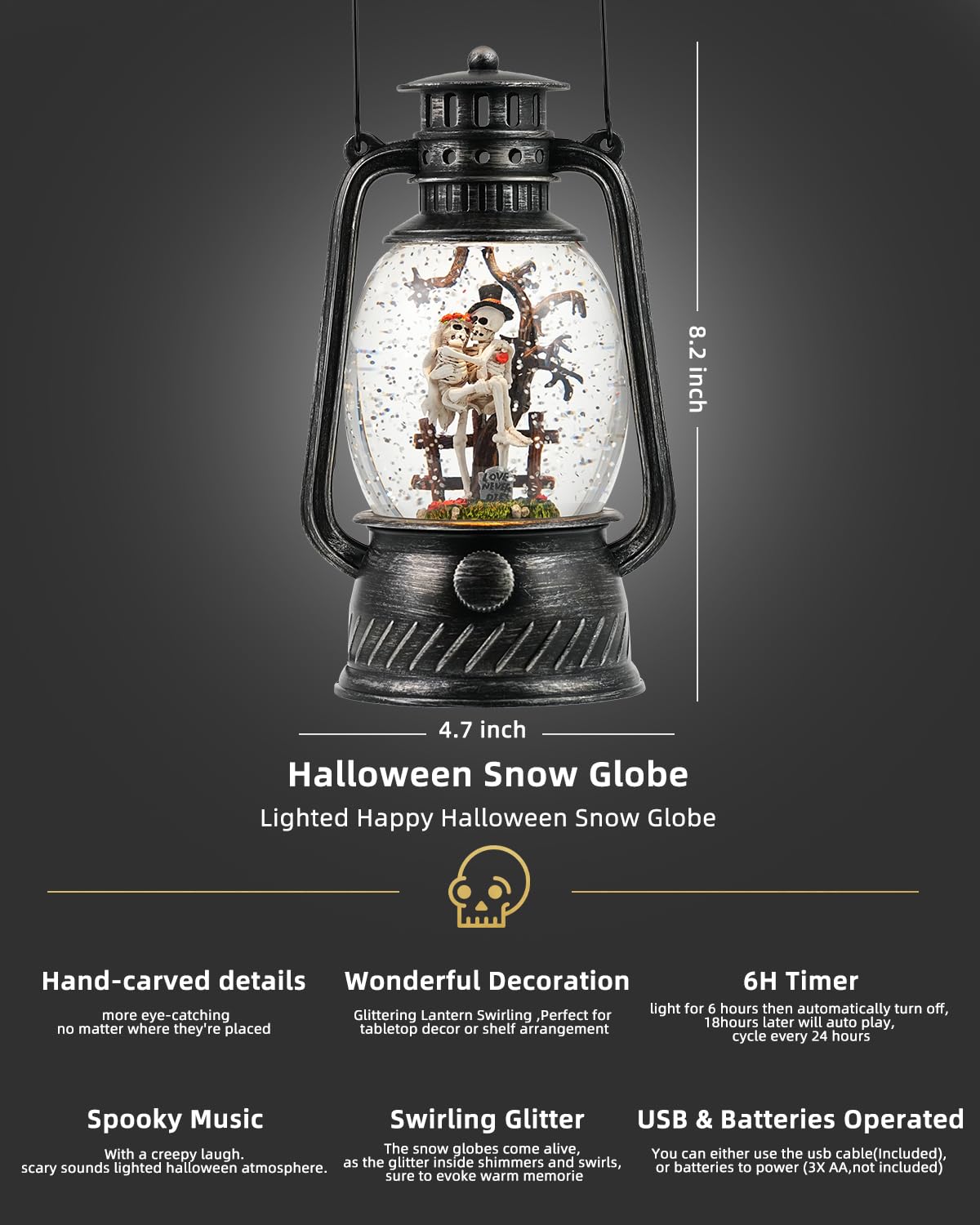 Halloween Snow Globe, Halloween Decorations Indoor Light Up Snow Globe Lantern with Music, 6H Timer, Love Never Dies Swirling Glitter Halloween Lantern for Halloween Home Decorations