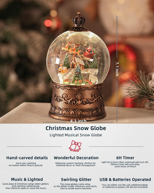 Snow Globe Christmas with Elk, Lighted Christmas Snow Globes with Timer, Swirling Musical Glittering Snowglobe Lantern for Decorations(SnowTrain Elk)