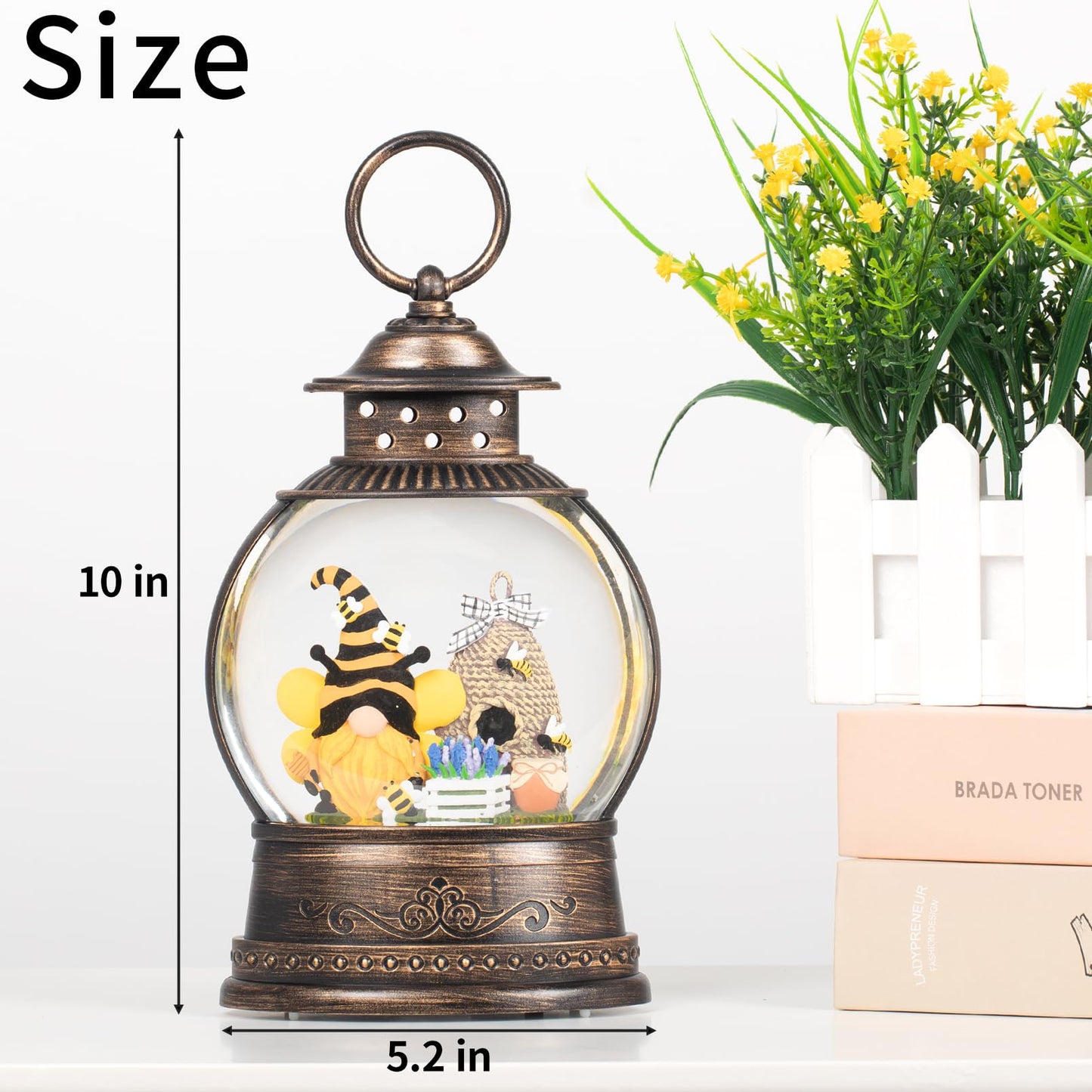 Bee Hive Decor Spring Bee Gnome Light Up Snow Globe 6H Timer Honey Bee Decorations for Spring Decor,Home Shelf Decor,Battery Operated & USB Operated