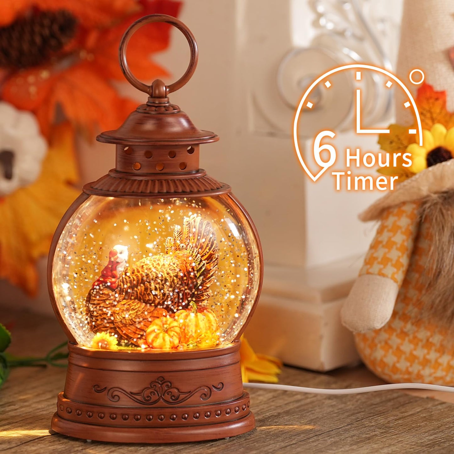 Fall Decorations for Home Fall Snow Globe with Turkey Pumpkin Lighted Lantern with 6h Timer USB/Battery Powered Autumn Thanksgiving Decor