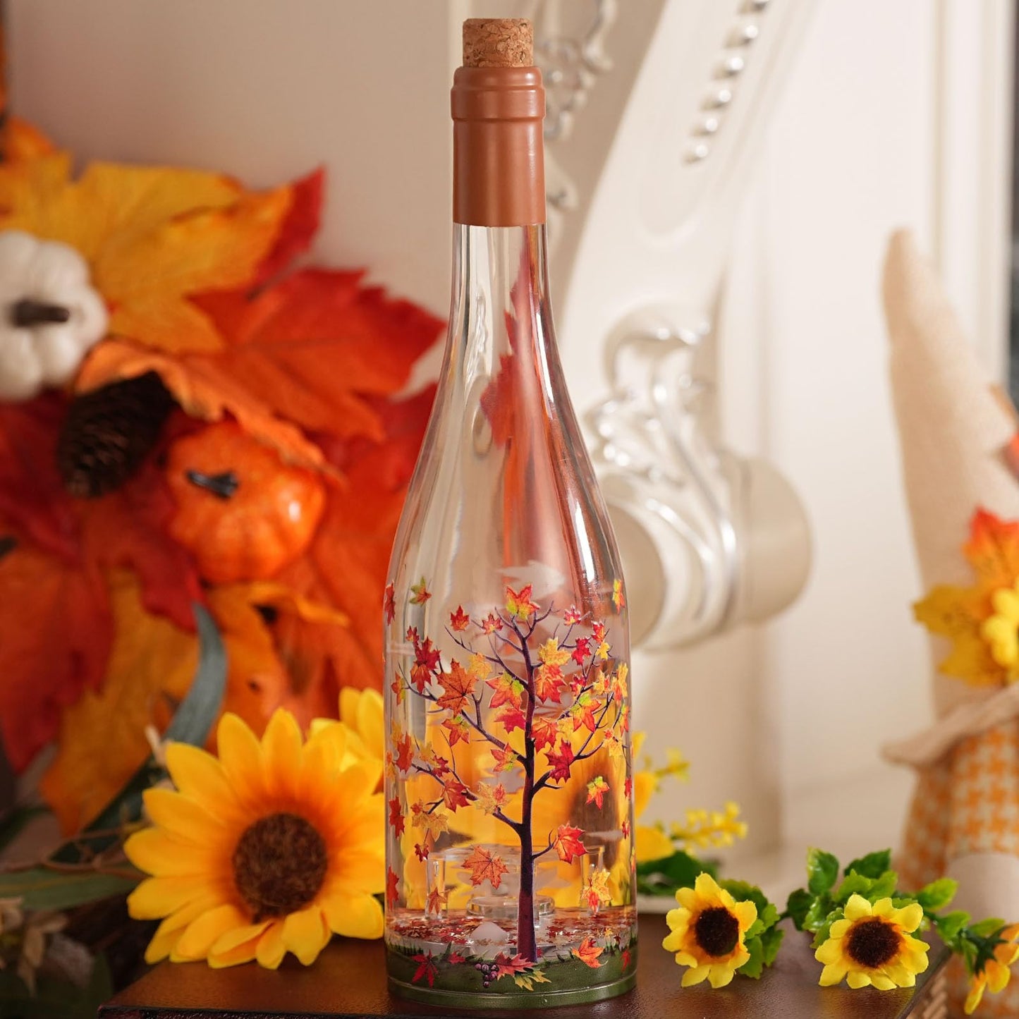 Fall Decorations for Home Maple Glitter Snow Globe Lantern with 6H Timer, Battery Operated Autumn Thanksgiving Gift