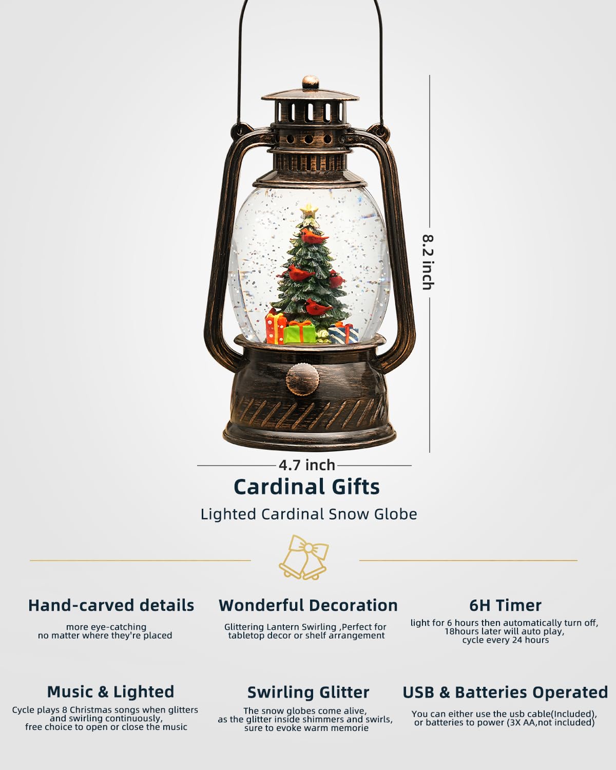 Christmas Decorations Musical Snow Globes Lighted Tree Cardinal Glittering with 6H Time Lantern USB Lined/Battery Operated for Christmas Decorations Indoor Gifts