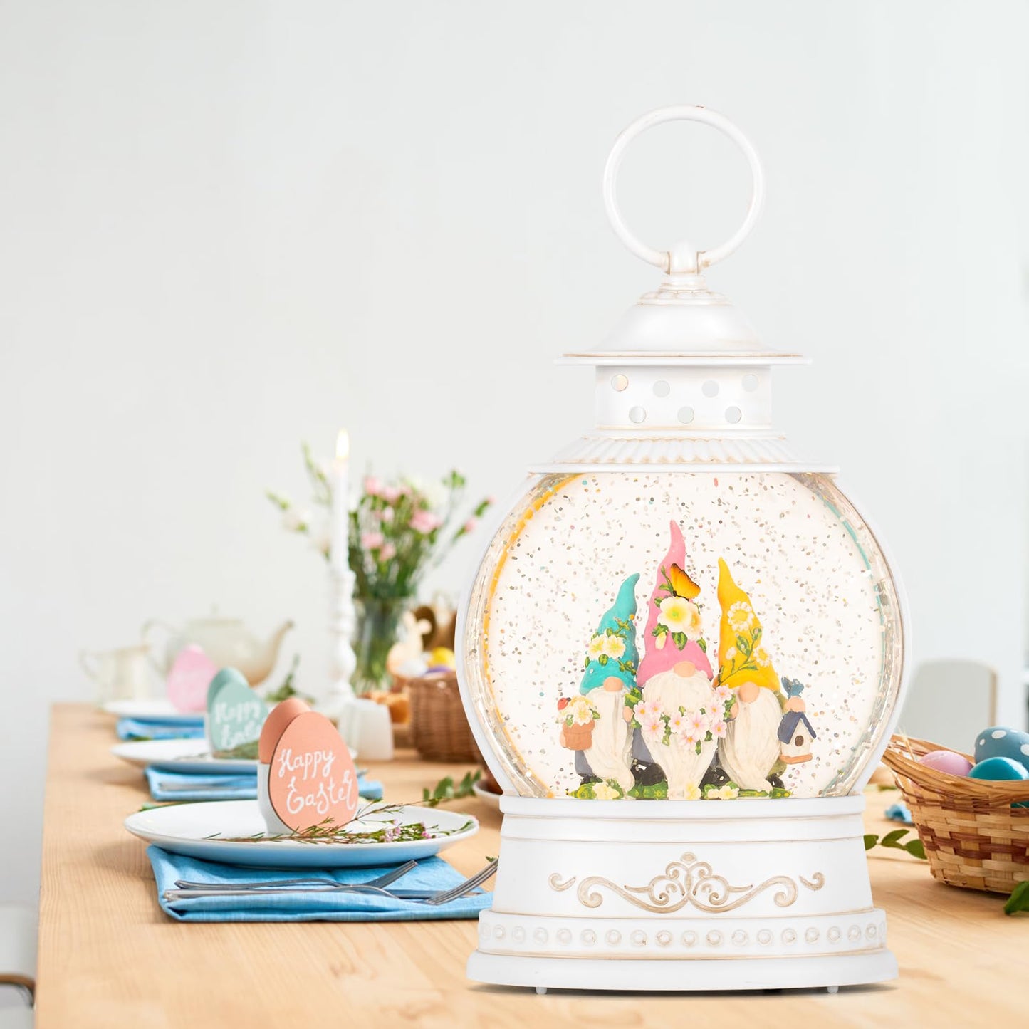 Spring Home Decor Spring Snow Globe 6H Timer with Swirling Glitter,Spring Gnomes Decorations Spring Holiday Easter Decorations for Home Shelf Decor and Gifts,Battery Operated & USB Operated