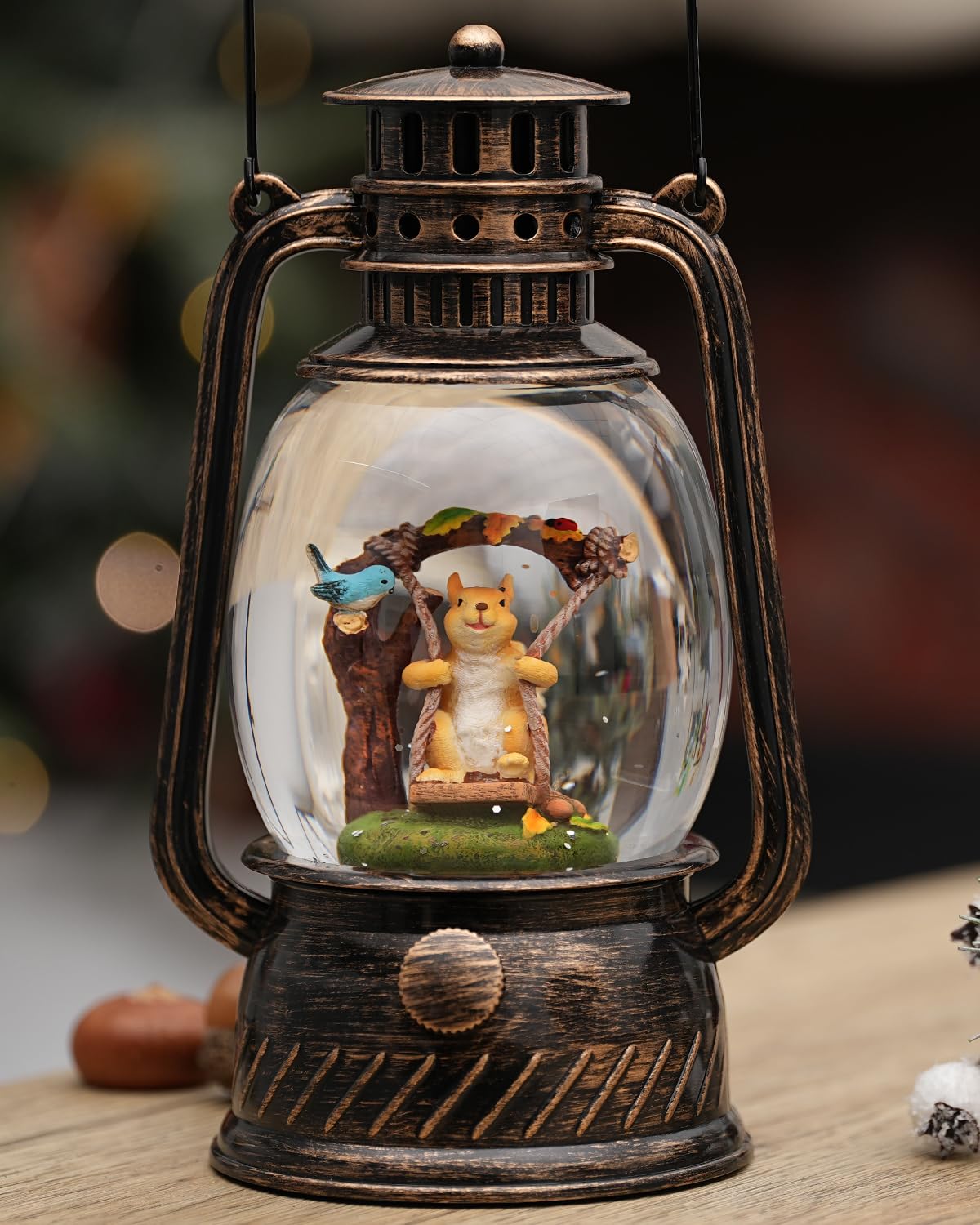 Fall Squirrel Snow Globe,Lighted with 6H Timer Glittering Blue Robin Squirrel Snow Globe Gifts for Christmas Fall Squirrel Decor Gifts