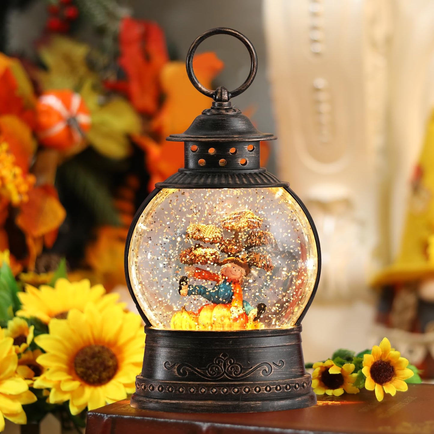 Fall Decorations Snow Globes, Light Up Snow Globe Lantern with Scarecrow Pumpkin, 6H Timer, USB & Battery Operated Fall Decorations for Autumn Thanksgiving Harvest…