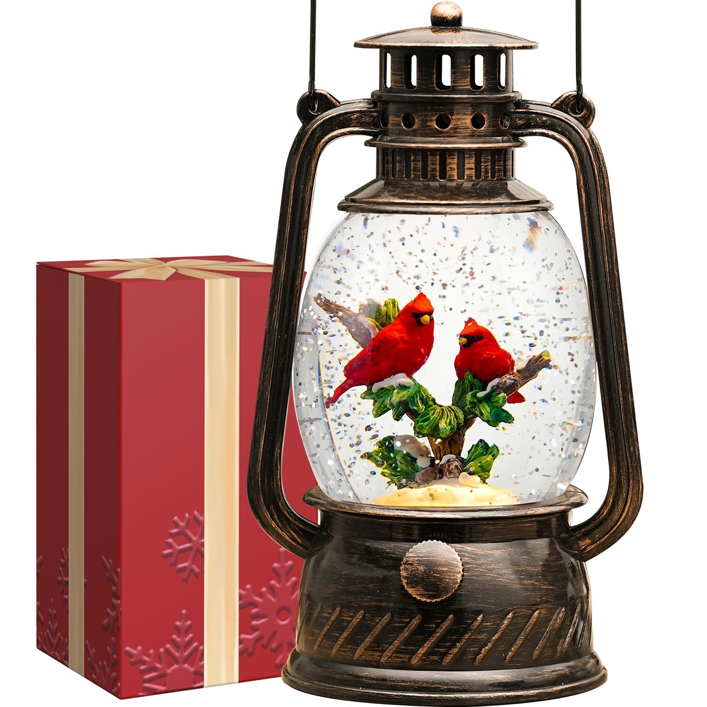 Cardinal Snow Globe Christmas Decorations Indoor, Lighted Musical Christmas Snow Globes Lantern with Glitter & 6H Timer, Cardinal Christmas Decorations for Home