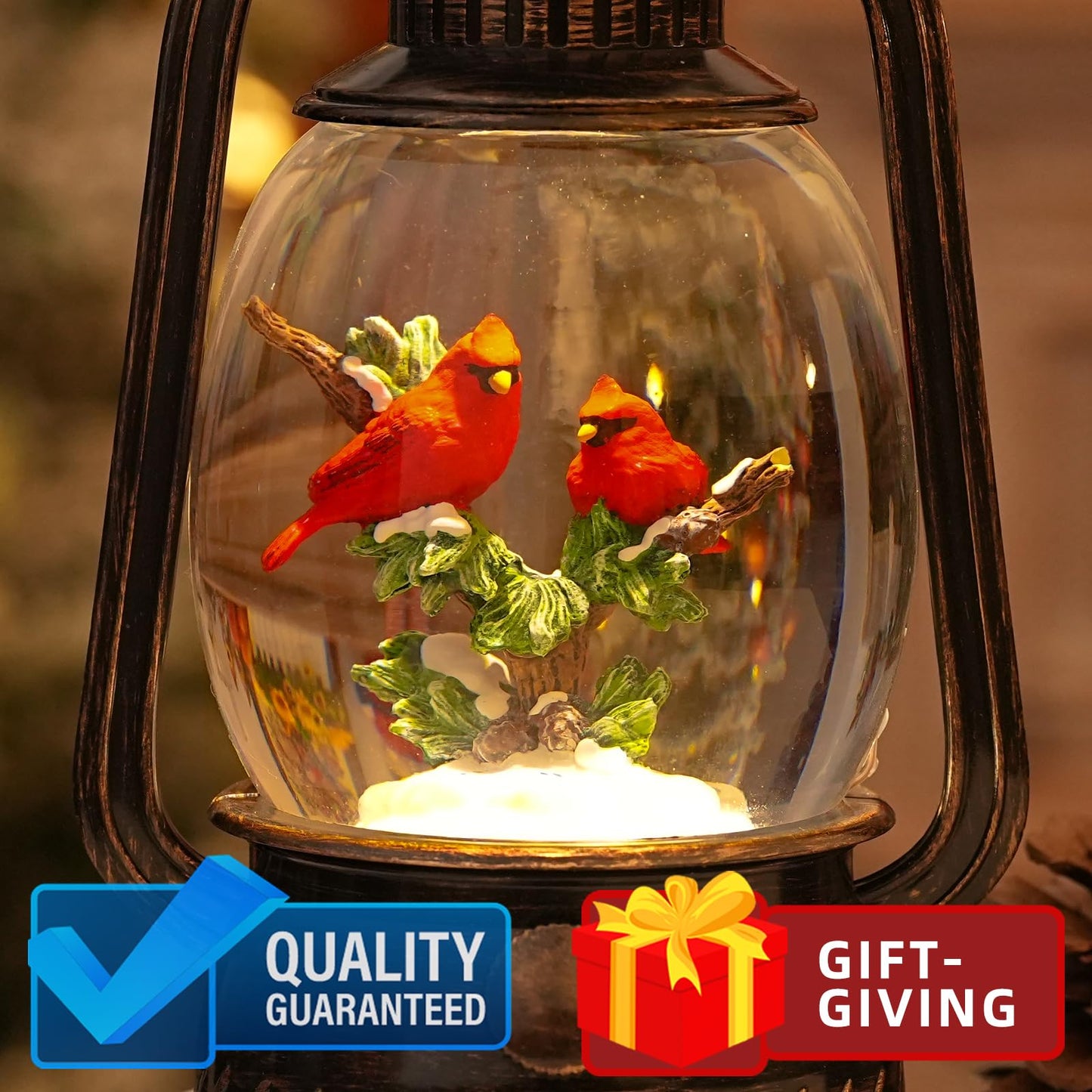 Cardinal Snow Globe Christmas Decorations Indoor, Lighted Musical Christmas Snow Globes Lantern with Glitter & 6H Timer, Cardinal Christmas Decorations for Home