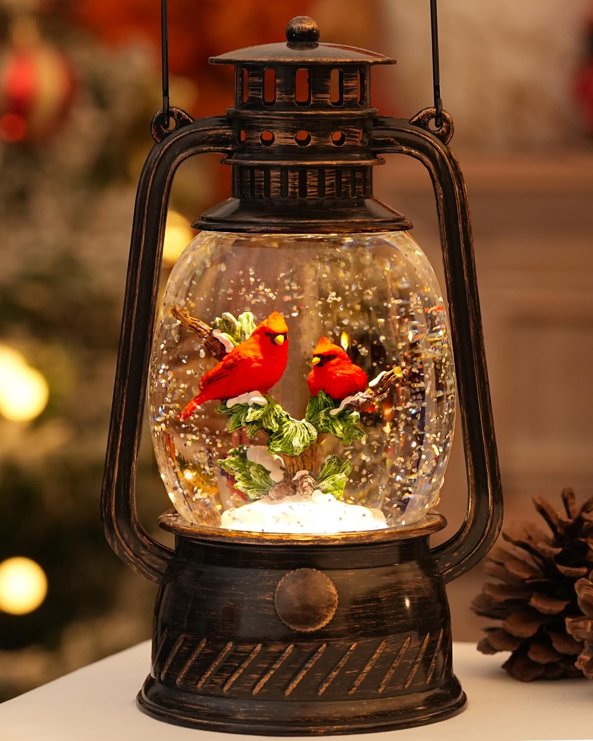 Cardinal Christmas Snow Globes Musical Lighted with 6H Time Red Bird Snow Globe Lantern Glittering,Memory Cardinal Snow Globe Gifts for Christmas Decorations